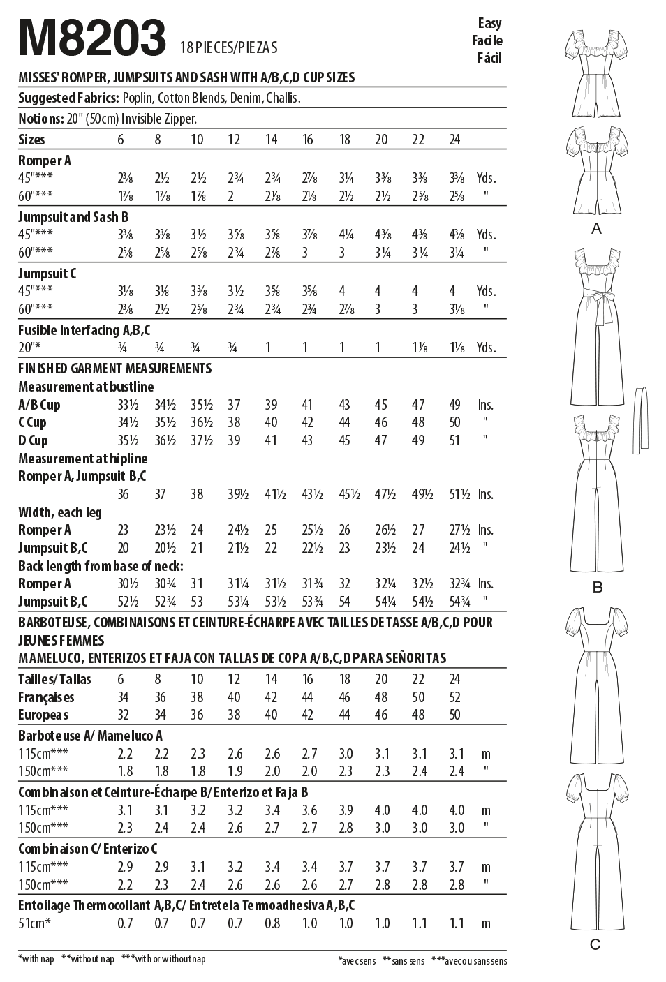 McCall's Sewing Pattern M8203 Misses' Romper, Jumpsuits & Sash