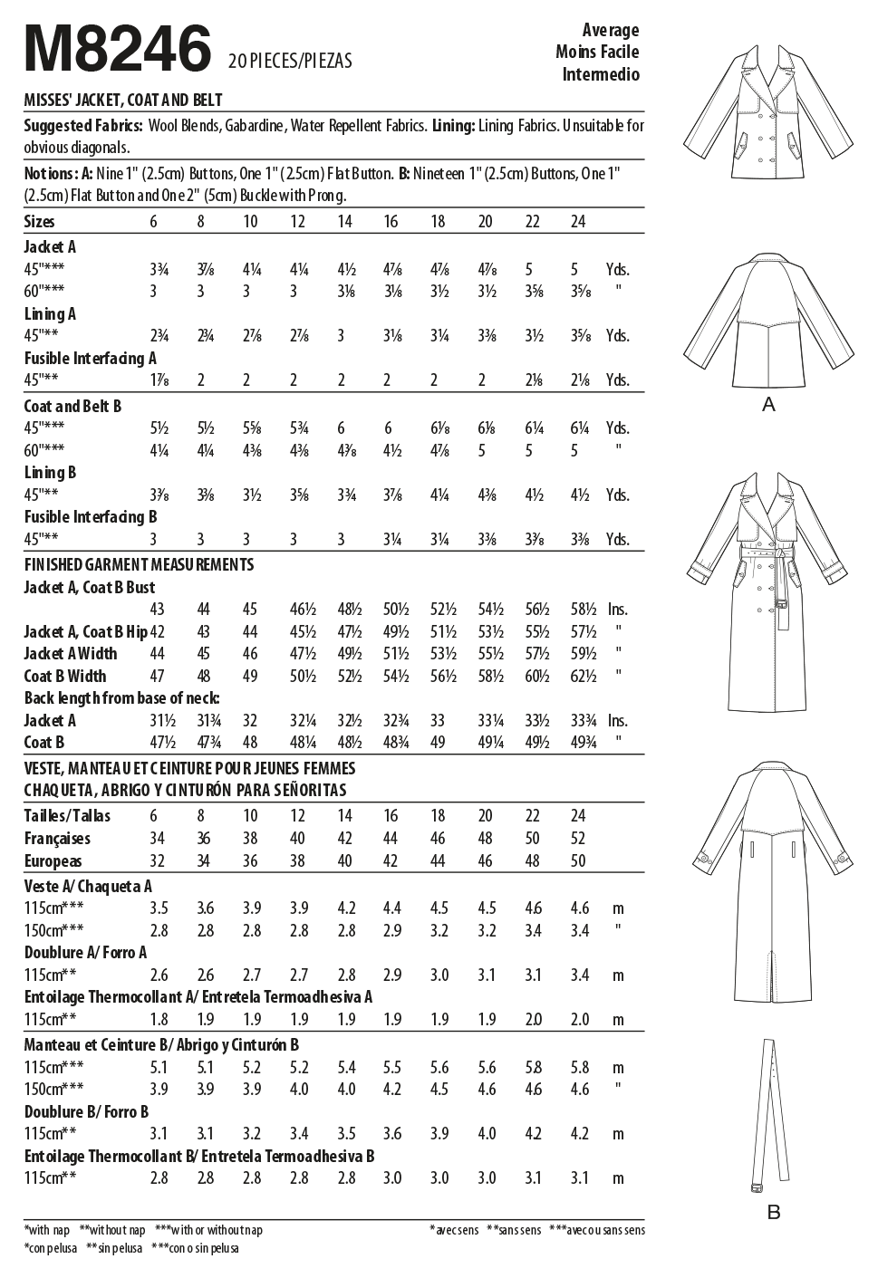 McCall's Sewing Pattern M8246 Misses' Jacket, Coat and Belt