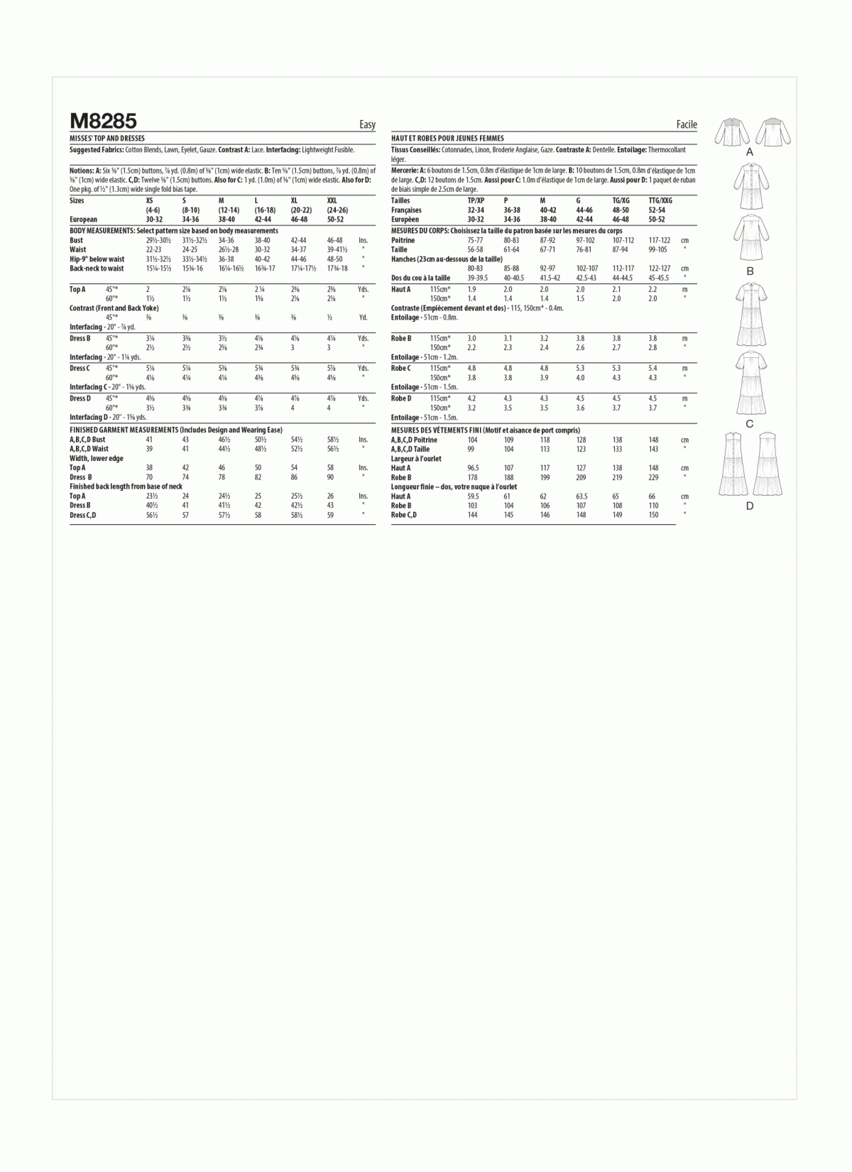 McCall's Sewing Pattern M8285 Misses' Top and Dresses