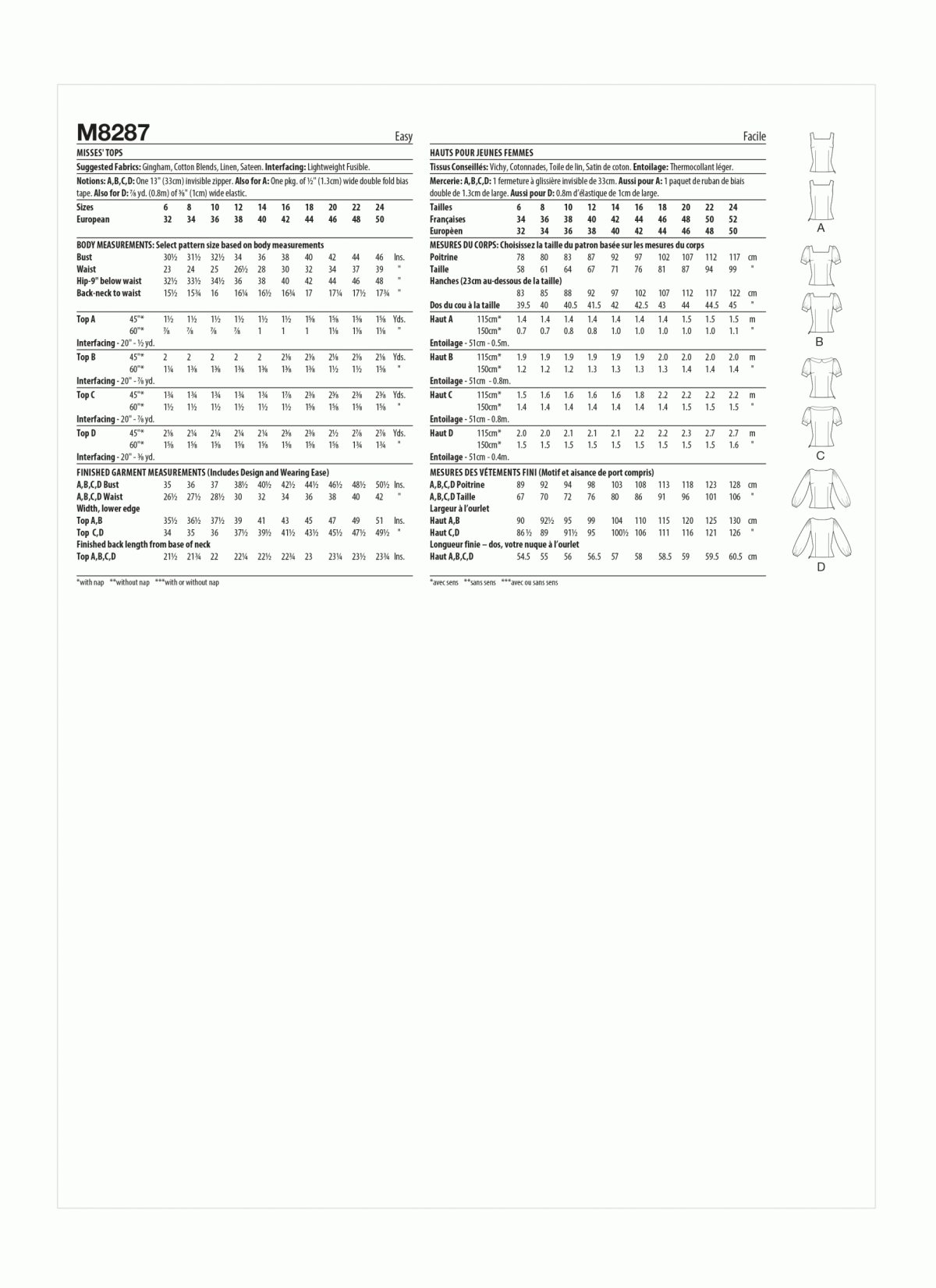McCall's Sewing Pattern M8287 Misses' Tops