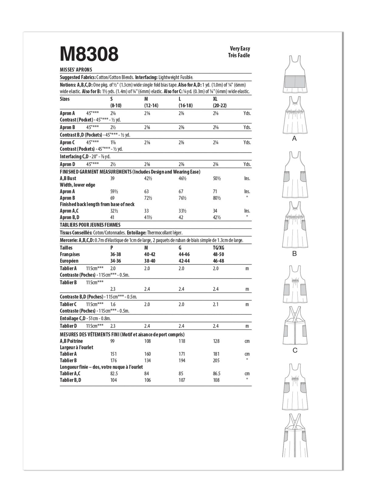 McCall's Sewing Pattern M8308 Misses' Aprons