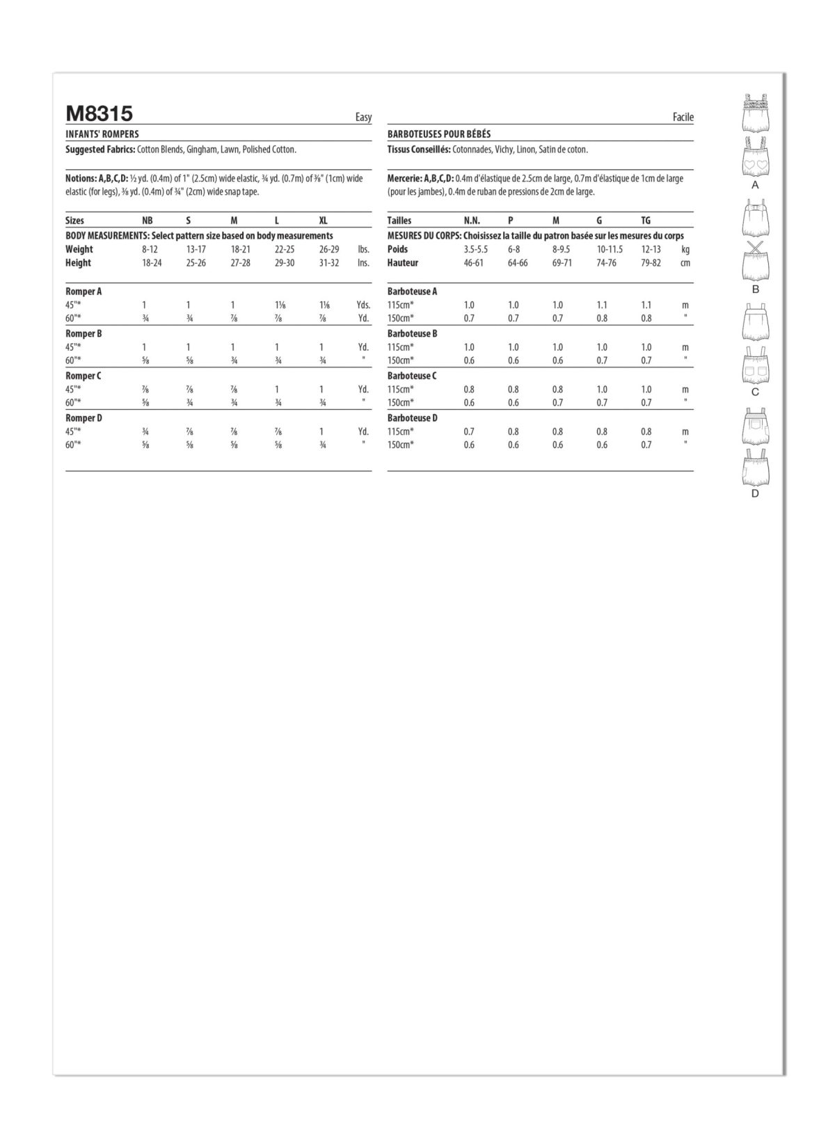 McCall's Sewing Pattern M8315 Infants' Rompers