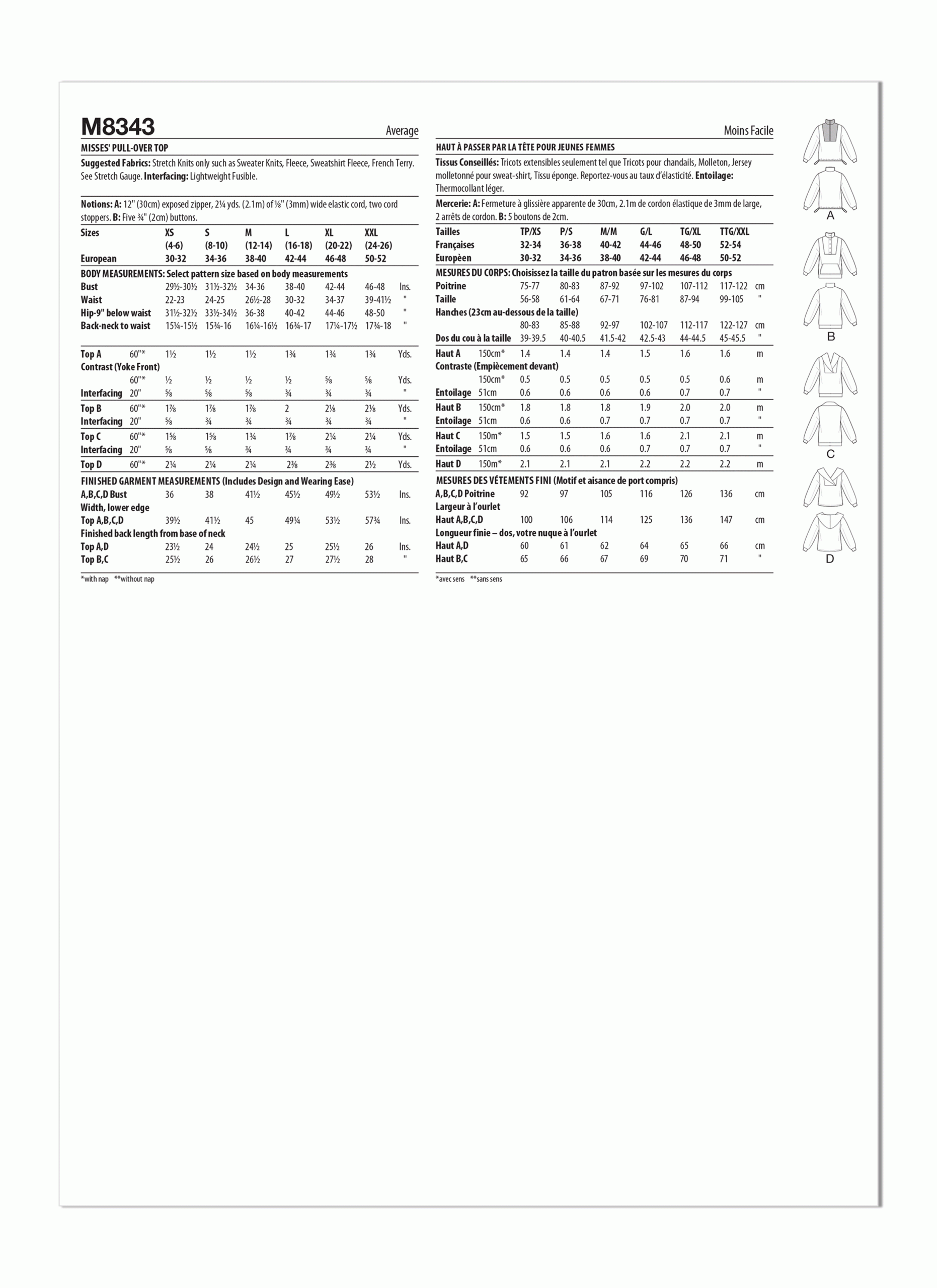 McCall’s Sewing Pattern M8343 Misses’ Pull-Over Tops - Sewdirect