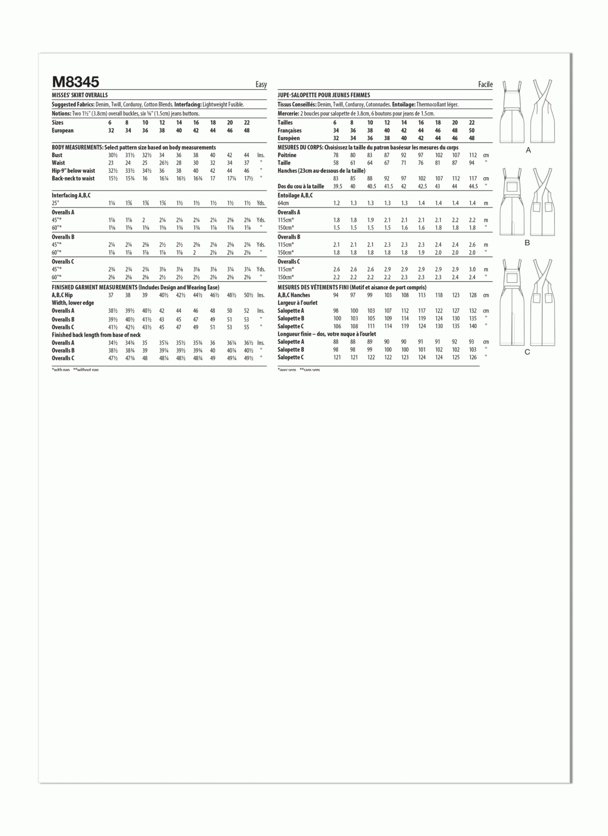 McCall's Sewing Pattern M8345 Misses' Pinafore Overalls