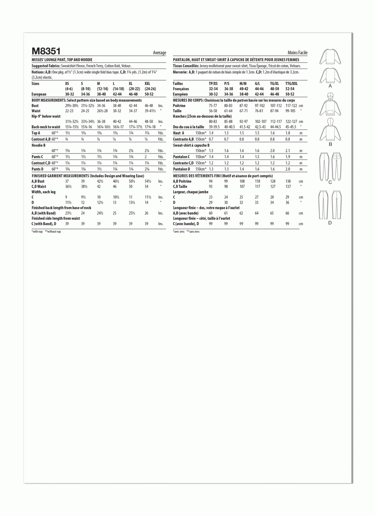 McCall's Sewing Pattern M8351 Misses' Lounge Trousers, Top and Hoodie