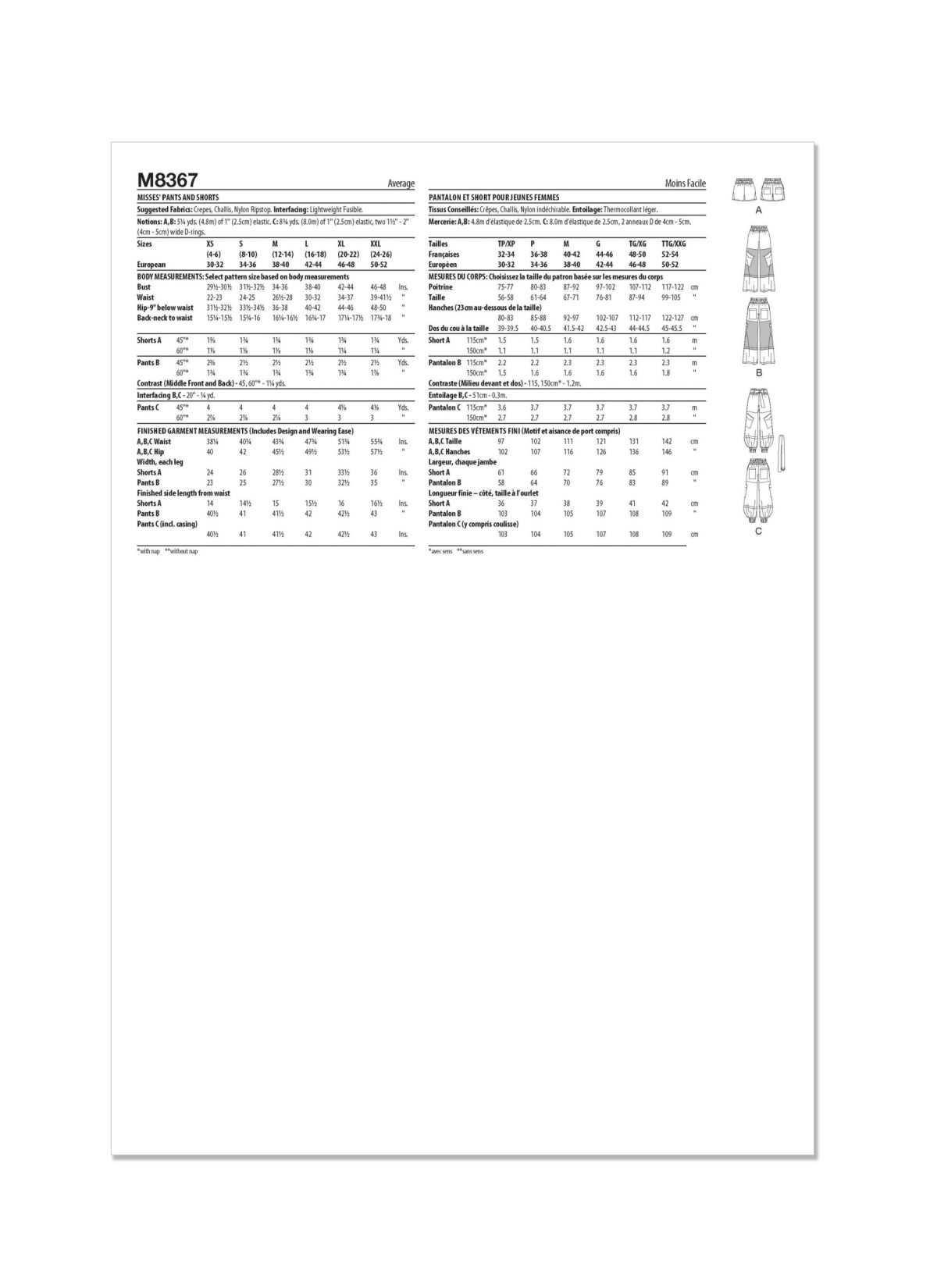 McCall's Sewing Pattern M8367 Misses' Trousers and Shorts