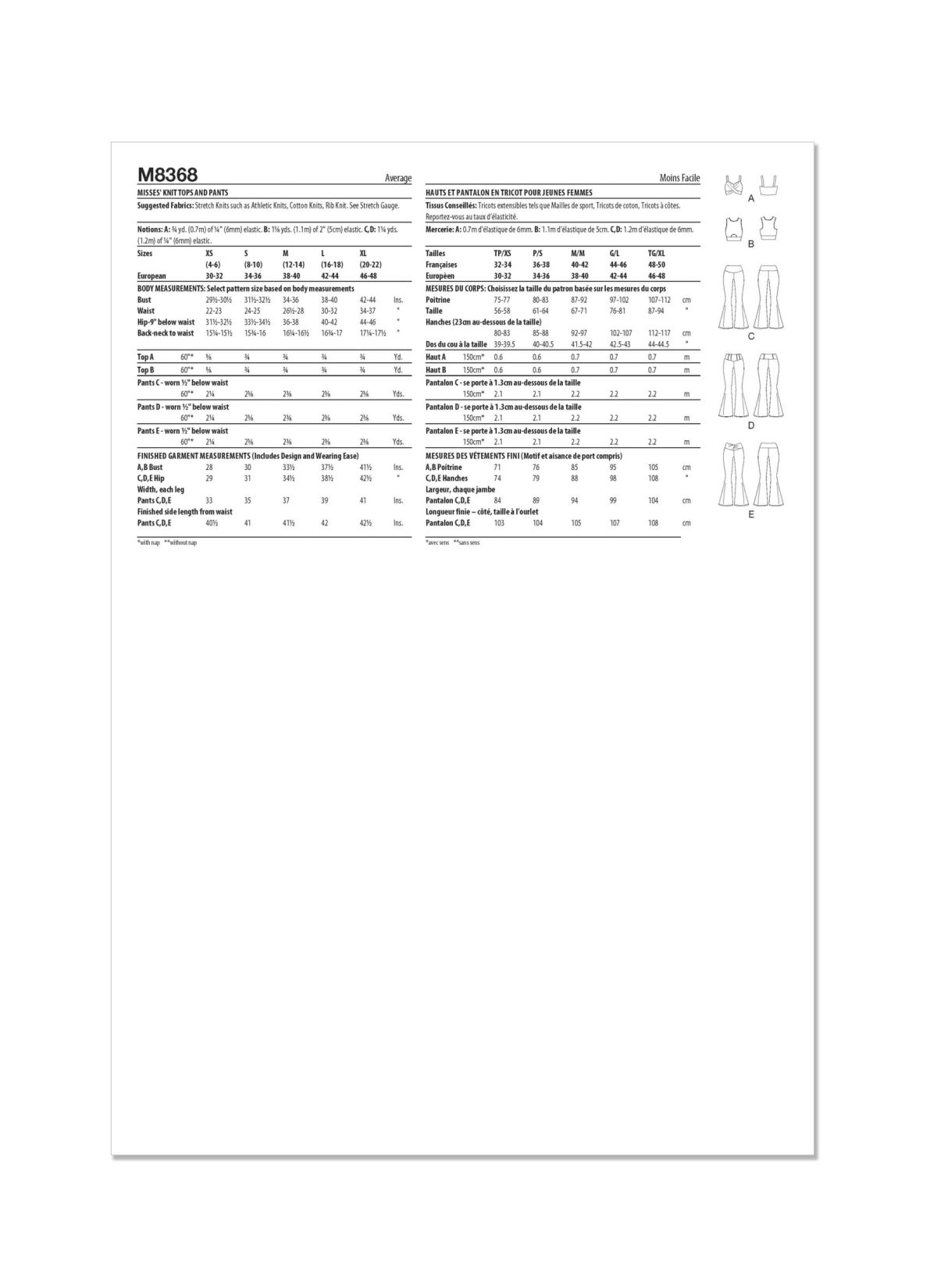McCall's Sewing Pattern M8368 Misses' Knit Tops and Trousers