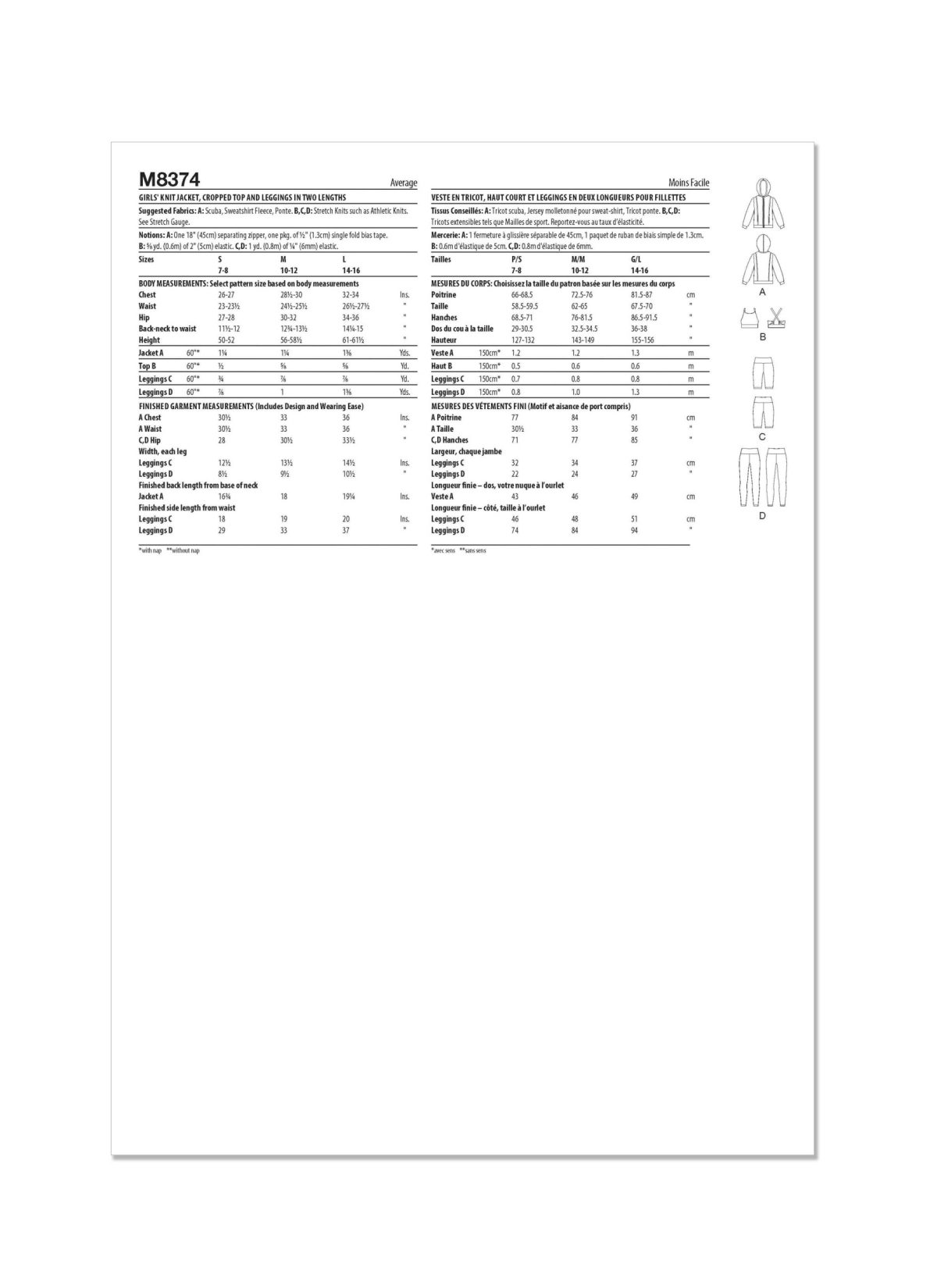 McCall's Sewing Pattern M8374 Girls' Knit Jacket, Cropped Top and Leggings in Two Lengths