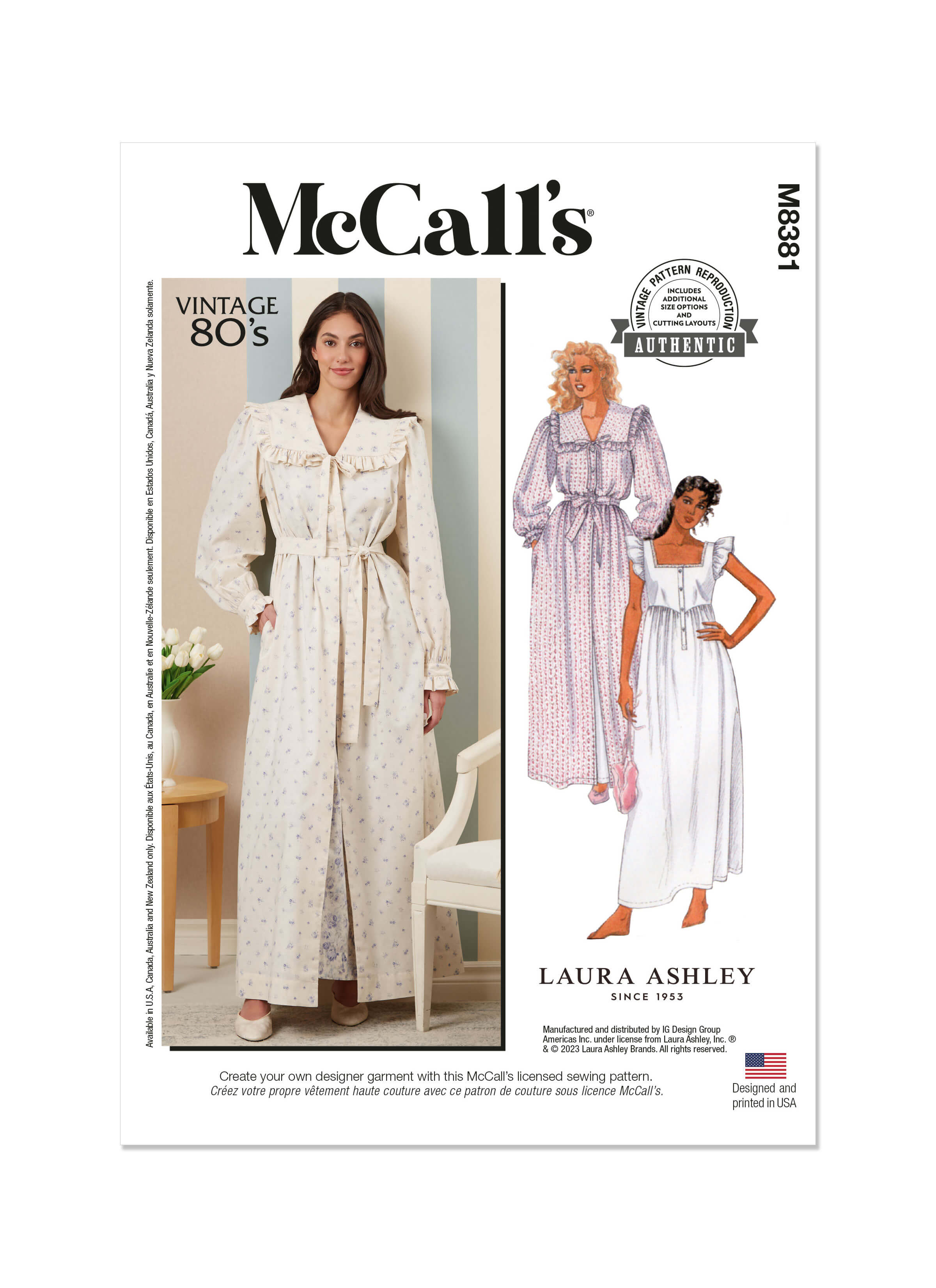 McCall's Sewing Pattern M8381 Misses' Robe, Tie Belt and Nightgown by Laura Ashley