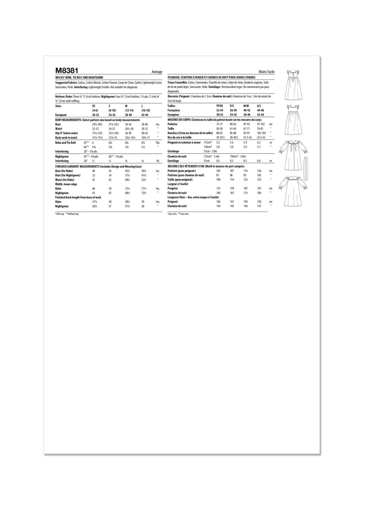 McCall's Sewing Pattern M8381 Misses' Robe, Tie Belt and Nightgown by Laura Ashley