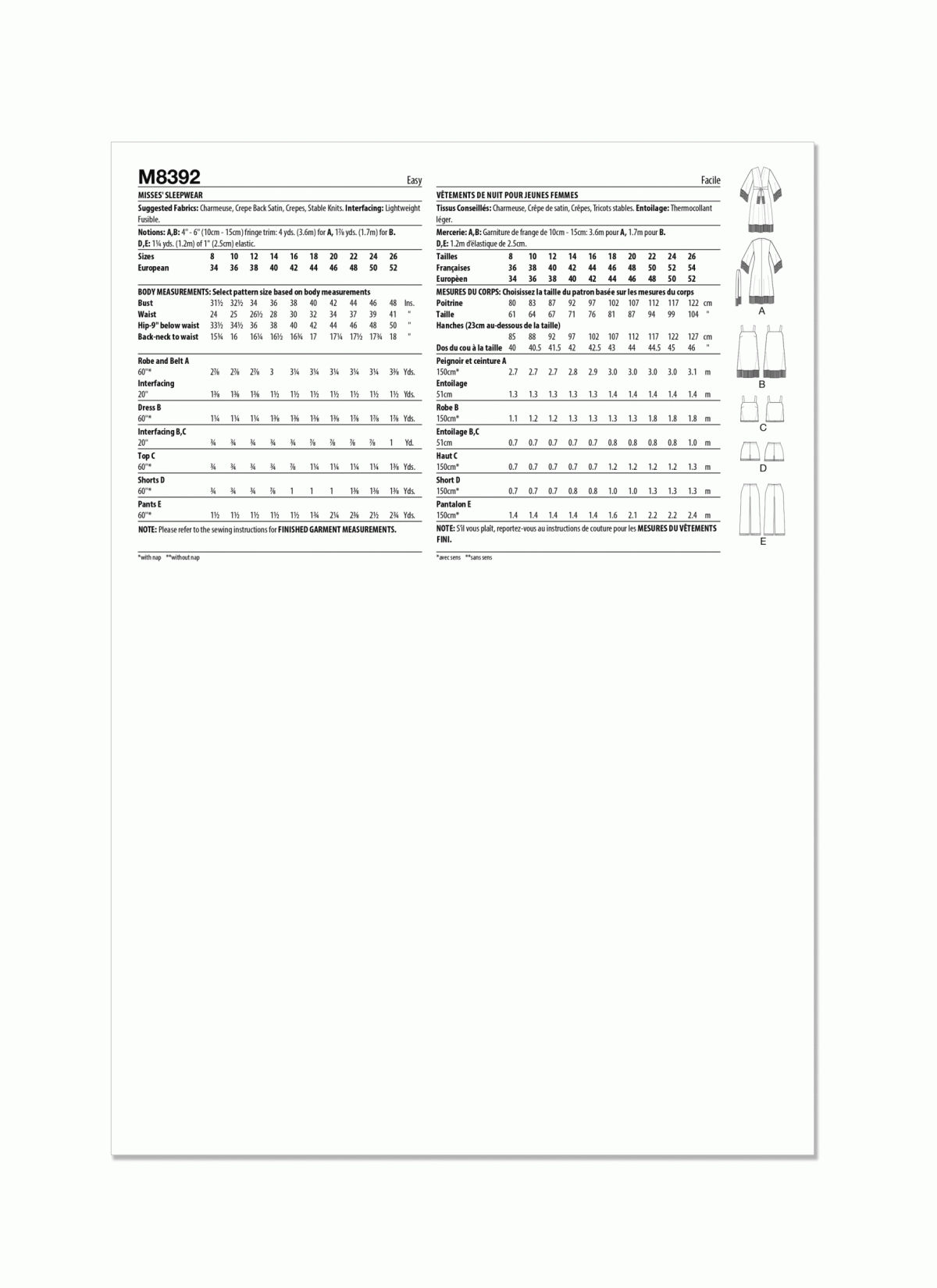 McCall's Sewing Pattern M8392 Misses' Sleepwear