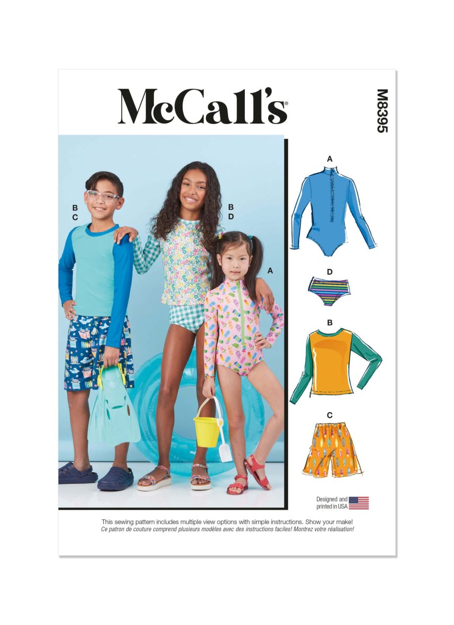 McCall's Sewing Pattern M8395 Children's, Girls' and Boys' Rash Guard Bodysuit, Top, Shorts and Bikini
