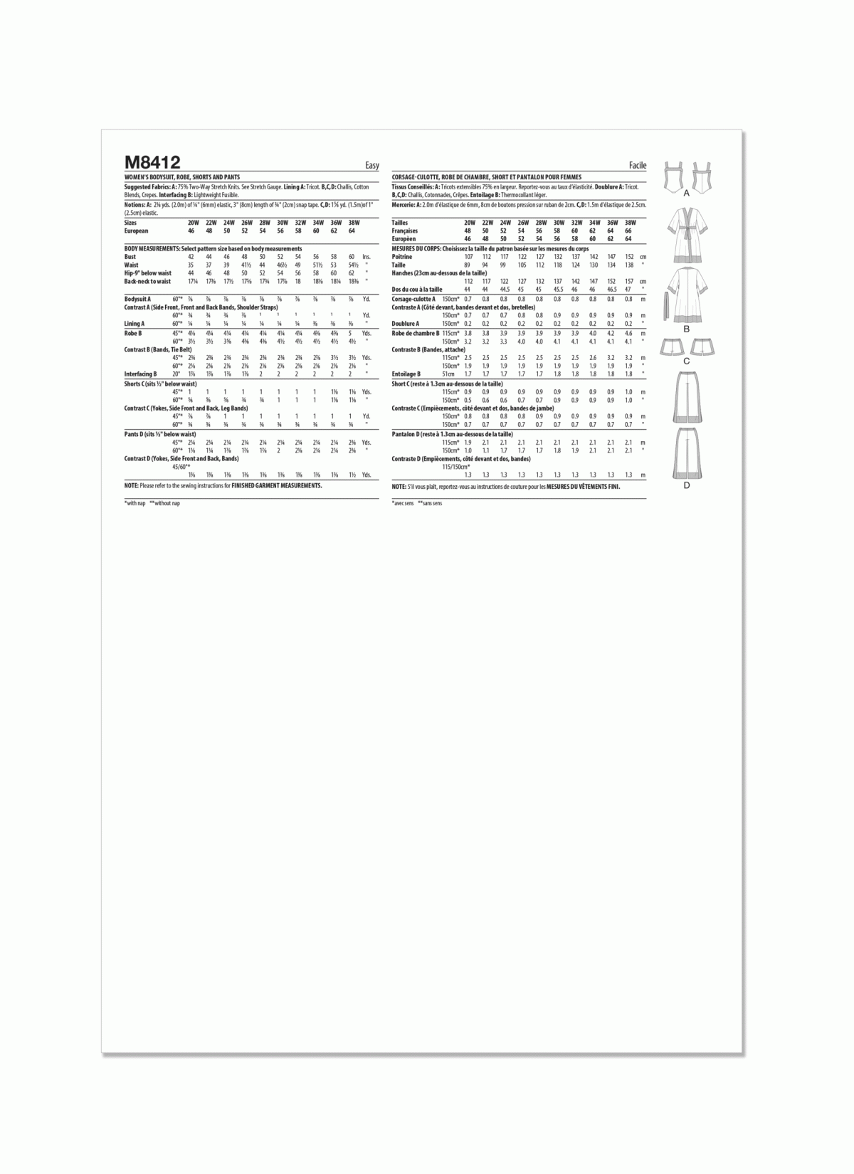 McCall's Sewing Pattern M8412 Women's Bodysuit, Robe, Shorts and Trousers