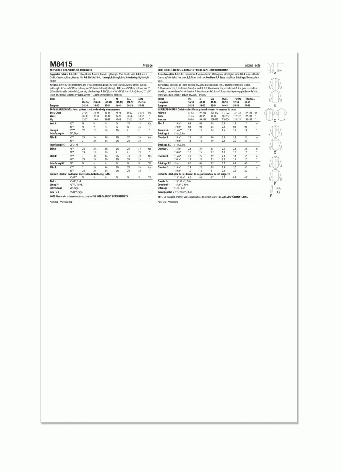 McCall's Sewing Pattern M8415 Men's Lined Waistcoat, Shirts, Tie and Bow Tie