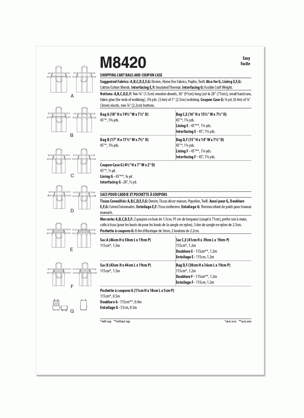McCall's Sewing Pattern M8420 Shopping Cart Bags and Coupon Case