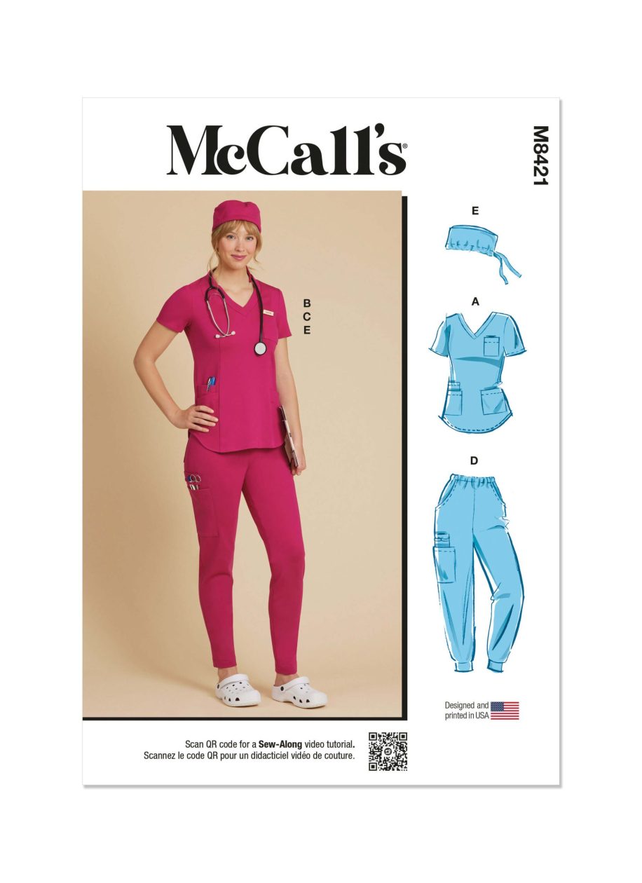 McCall's Sewing Pattern M8421 Misses' Knit Scrub Tops, Trousers, Joggers and Cap