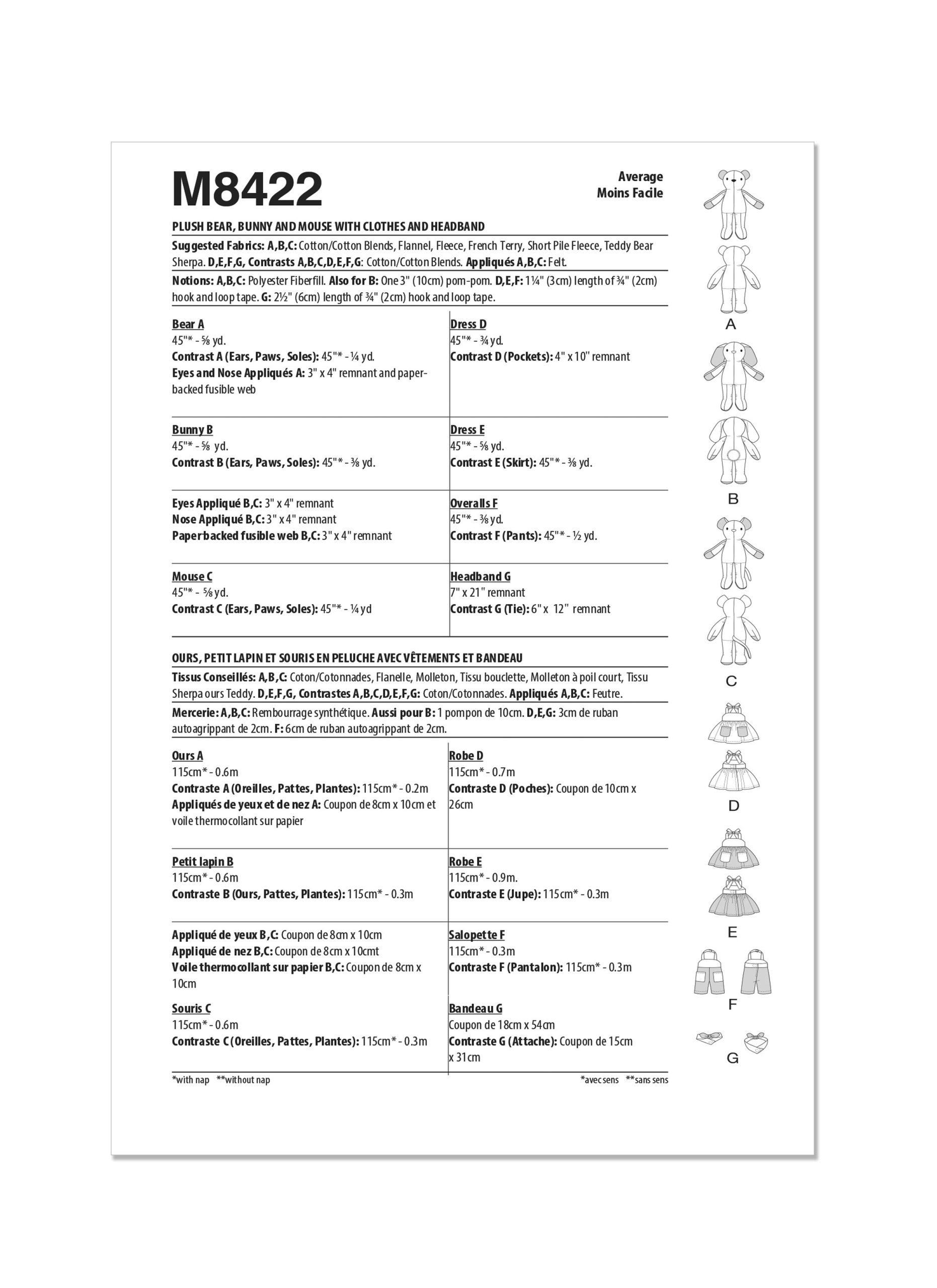 McCall's Sewing Pattern M8422 Plush Bear, Bunny and Mouse with Clothes and Headband