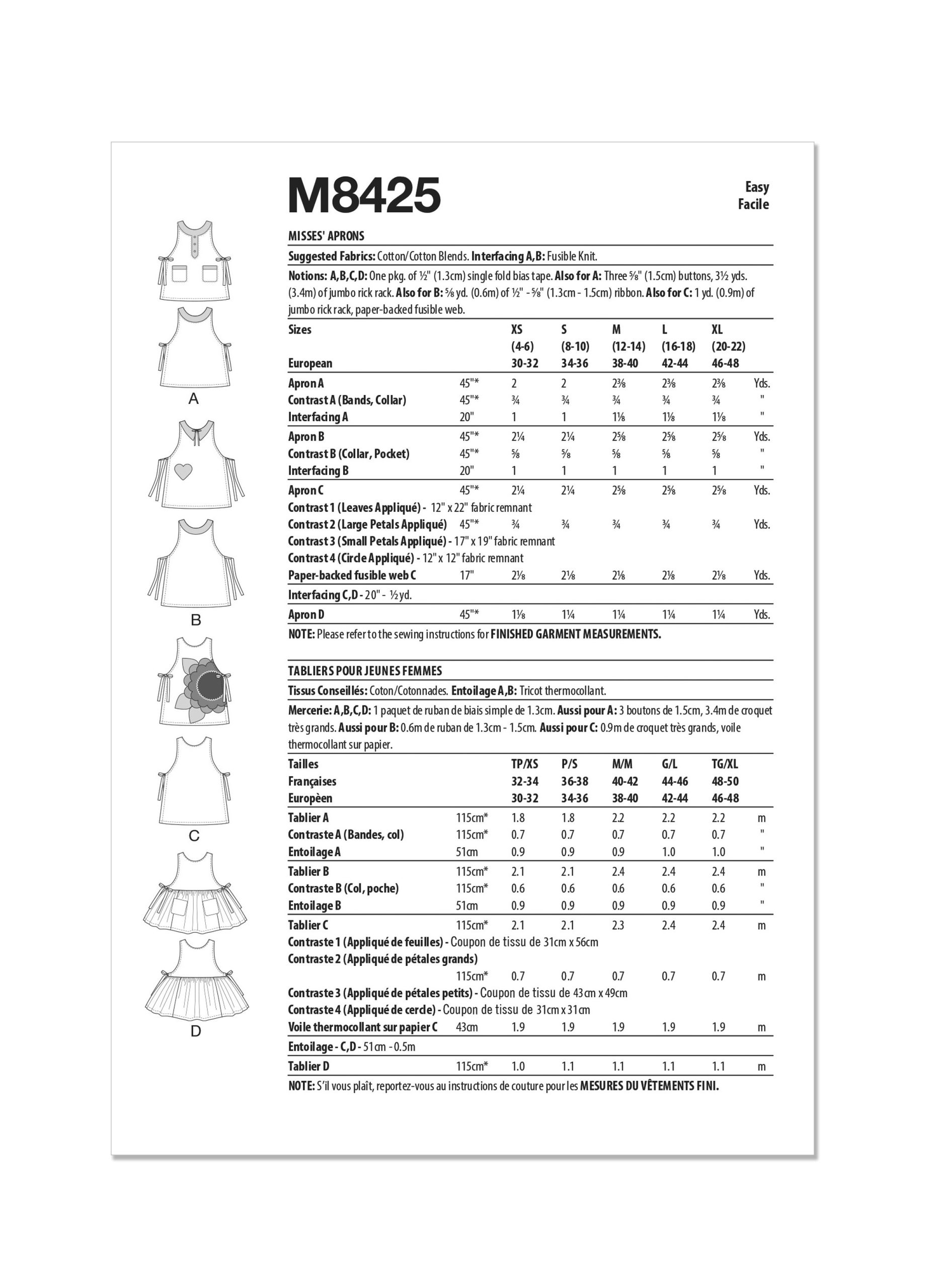 McCall's Sewing Pattern M8425 Misses' Aprons