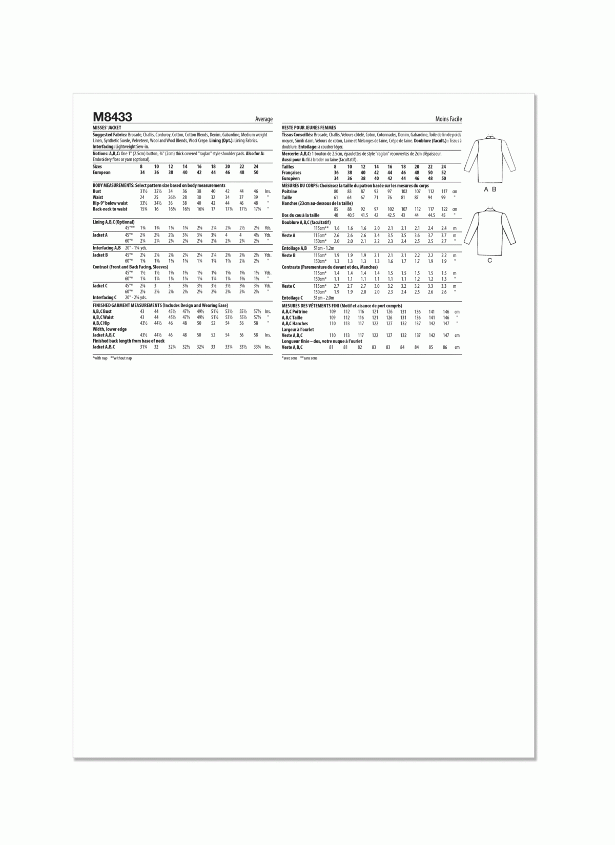 McCall's Sewing Pattern M8433 Vintage Misses' Jacket