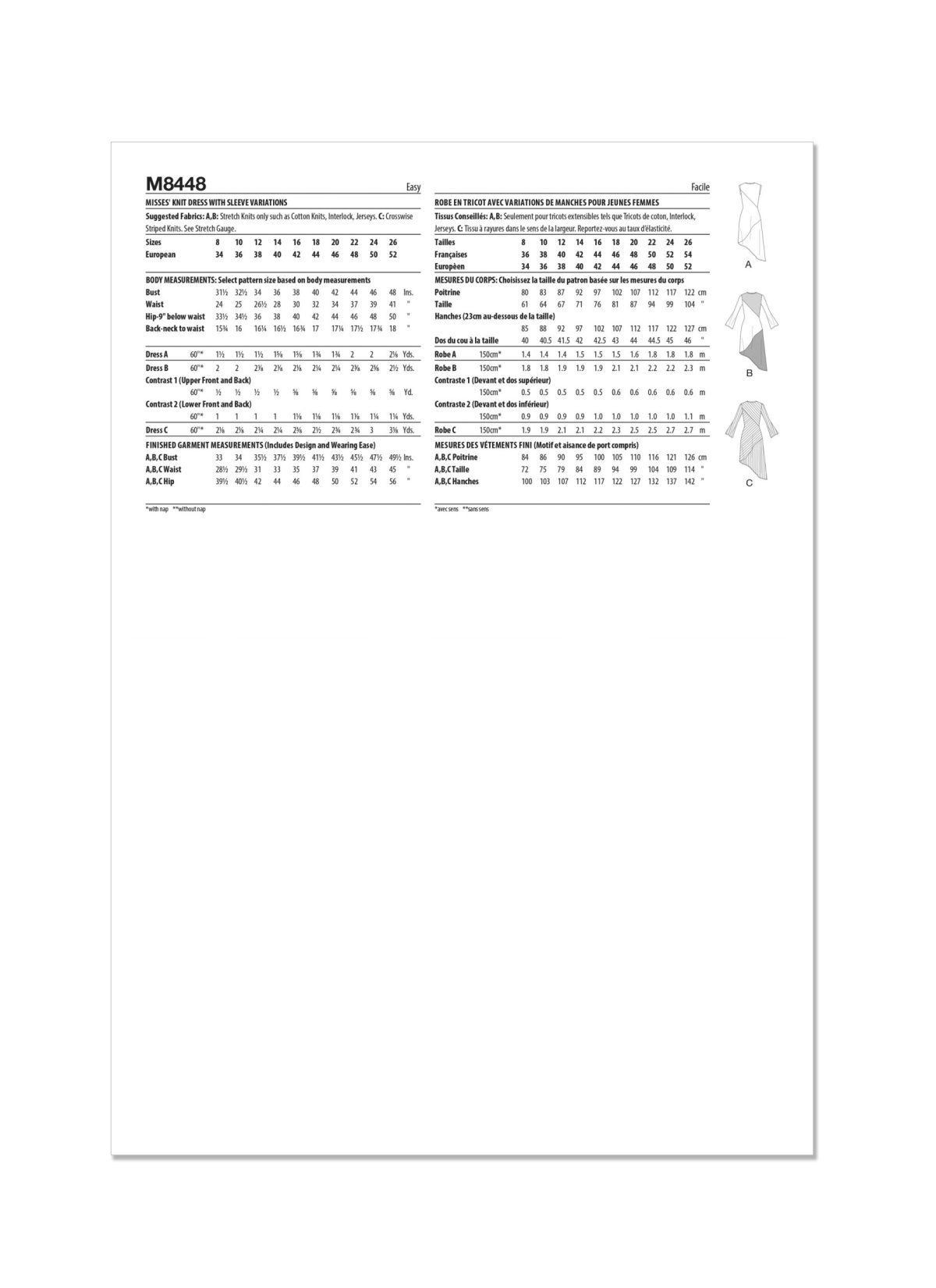 McCall's Sewing Pattern M8448 Misses' Knit Dress With Sleeve Variations