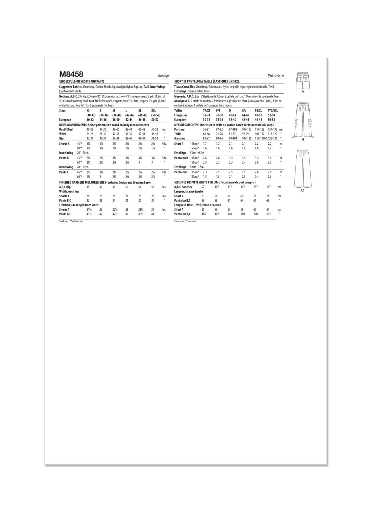 McCall's Sewing Pattern M8458 Unisex Pull On Shorts and Trousers