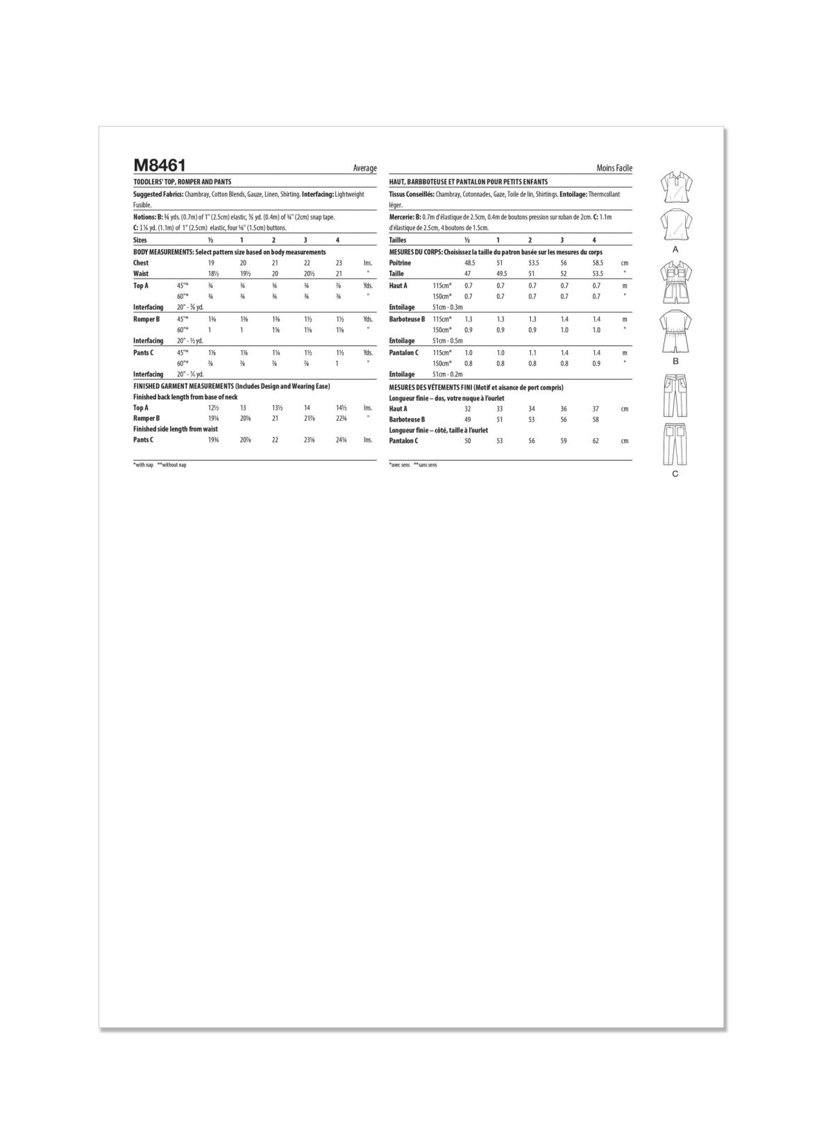 McCall's Sewing Pattern M8461 Toddlers' Top, Romper and Trousers