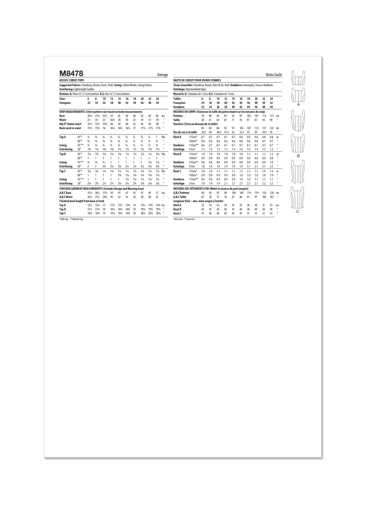 McCall's Sewing Pattern M8478 Misses' Corset Tops