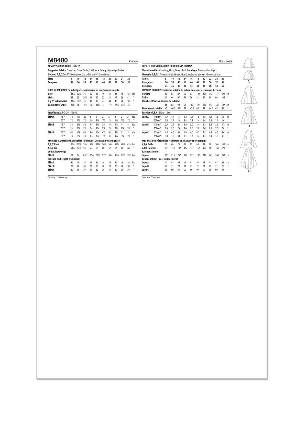 McCall's Sewing Pattern M8480 Misses' Skirt in Three Lengths