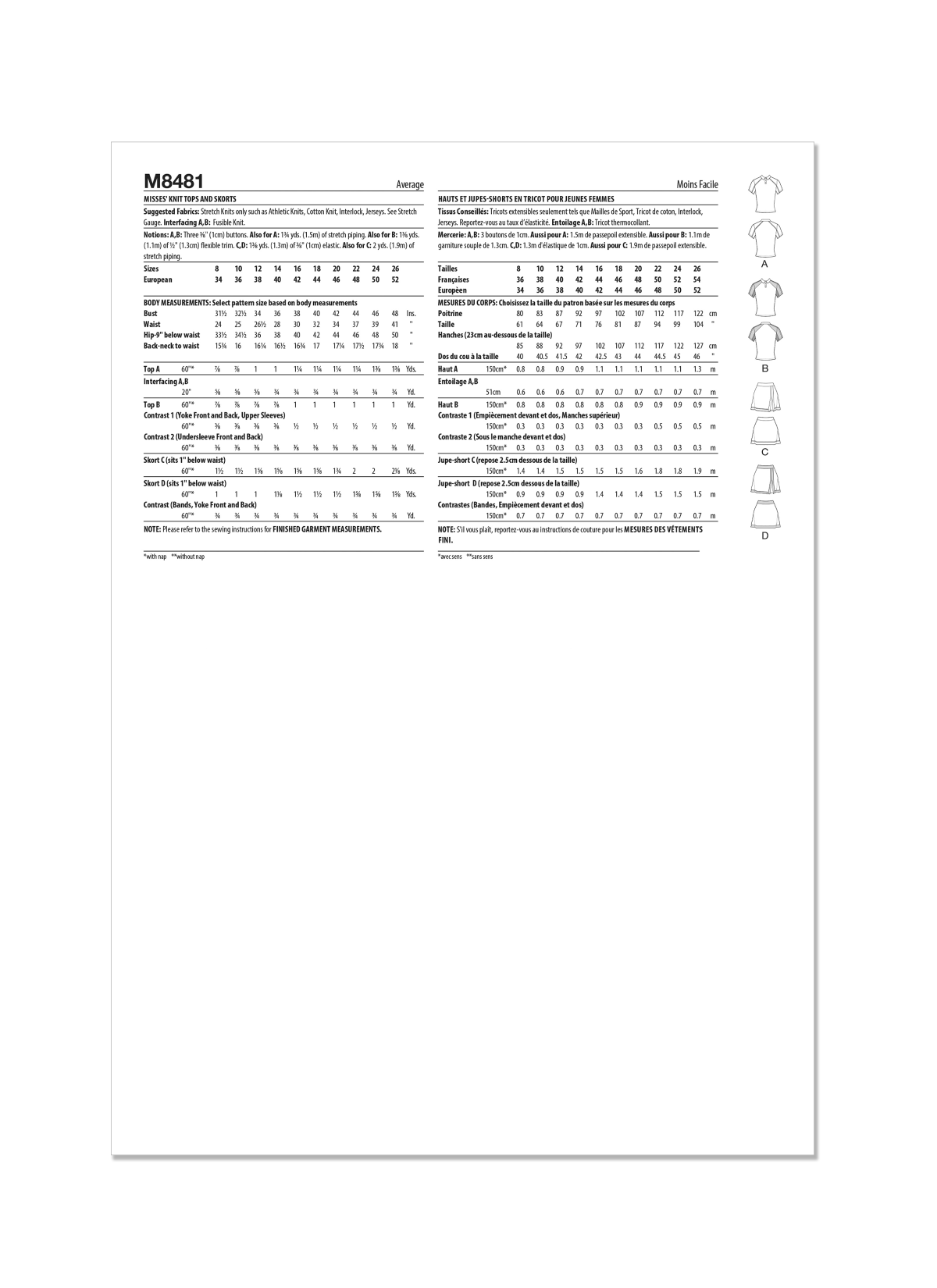 McCall's Sewing Pattern M8481 Misses' Knit Tops and Skorts