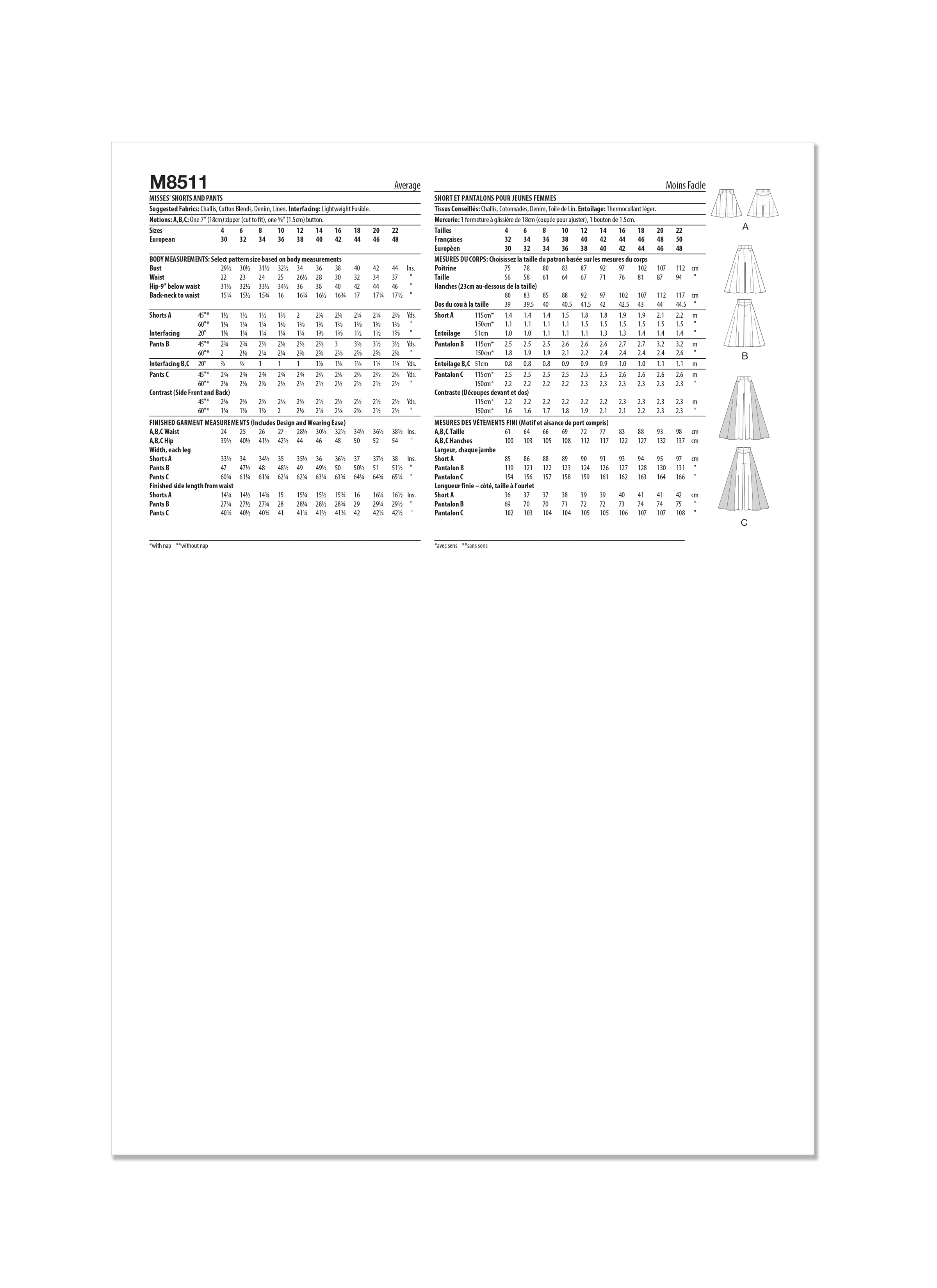 McCall's Sewing Pattern M8511 Misses' Shorts and trousers