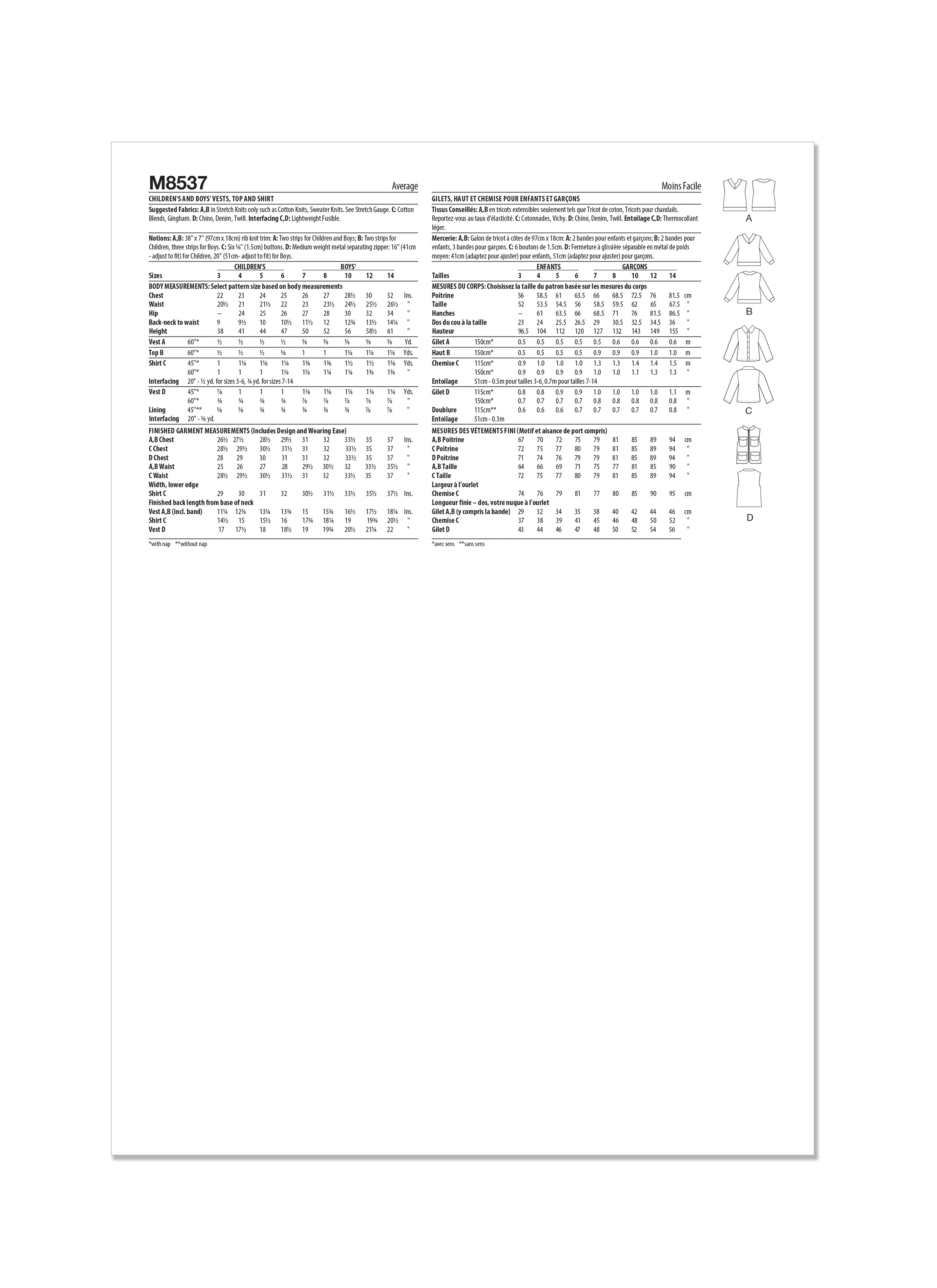 McCall's Sewing Pattern M8537 Children’s and Boys’ Vests, Top and Shirt