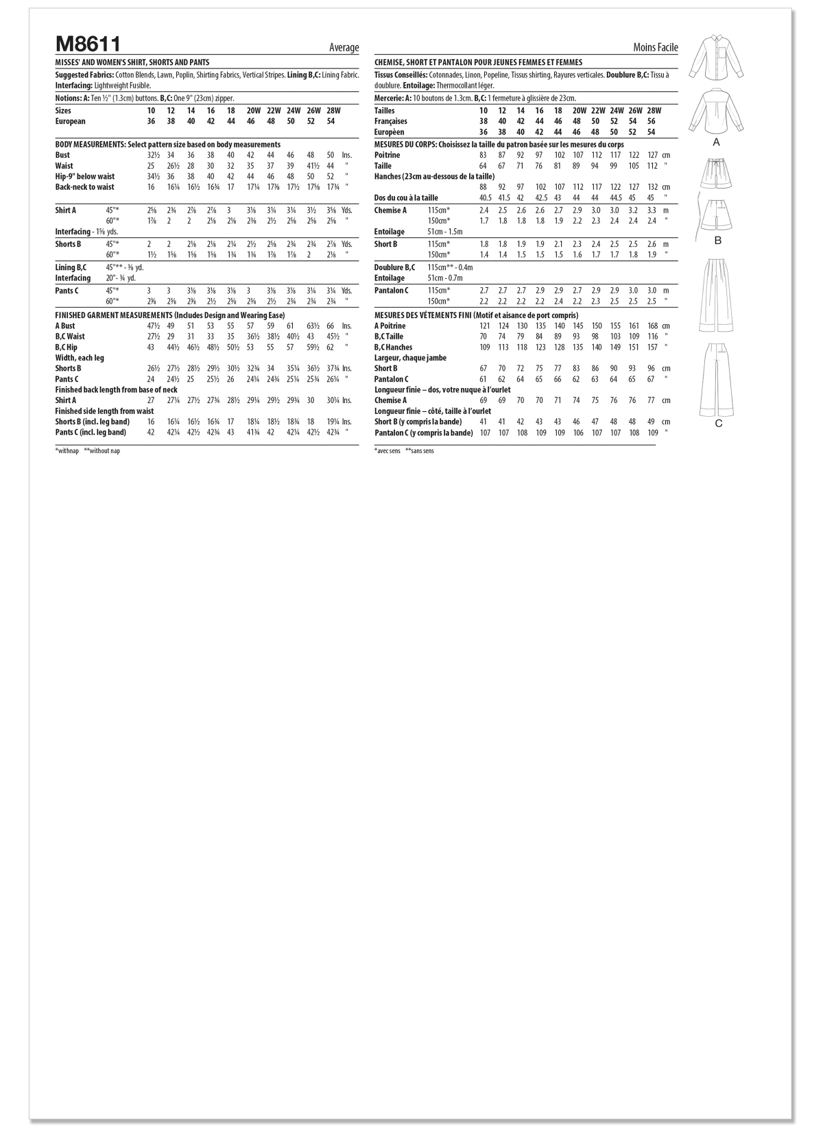 McCall's Sewing Pattern M8611 Misses' and Women's Shirt, Shorts and Trousers