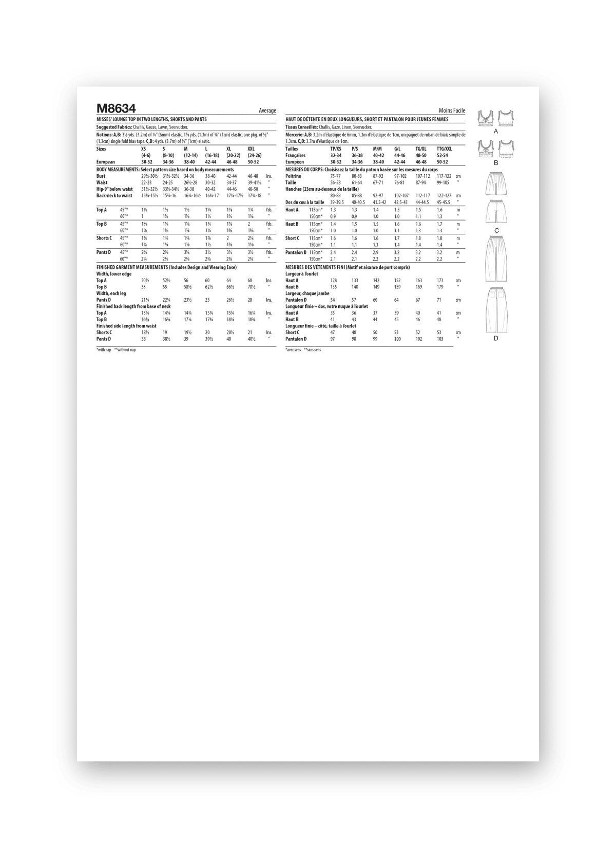 McCall's Sewing Pattern M8634 Misses' Lounge Top in Two Lengths, Shorts and Trousers