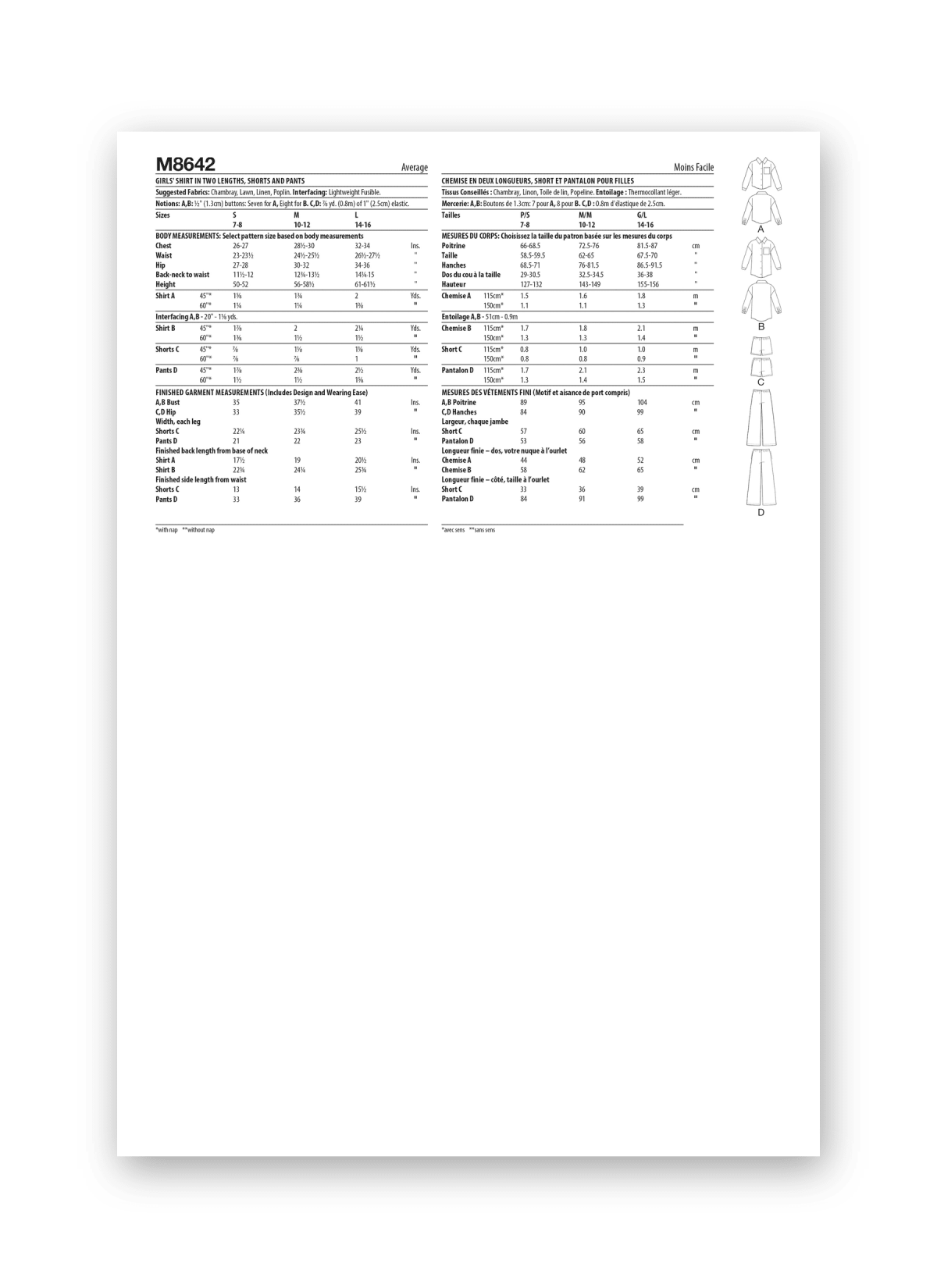 McCall's Sewing Pattern M8642 Girls' Shirt in Two Lengths, Shorts and Trousers