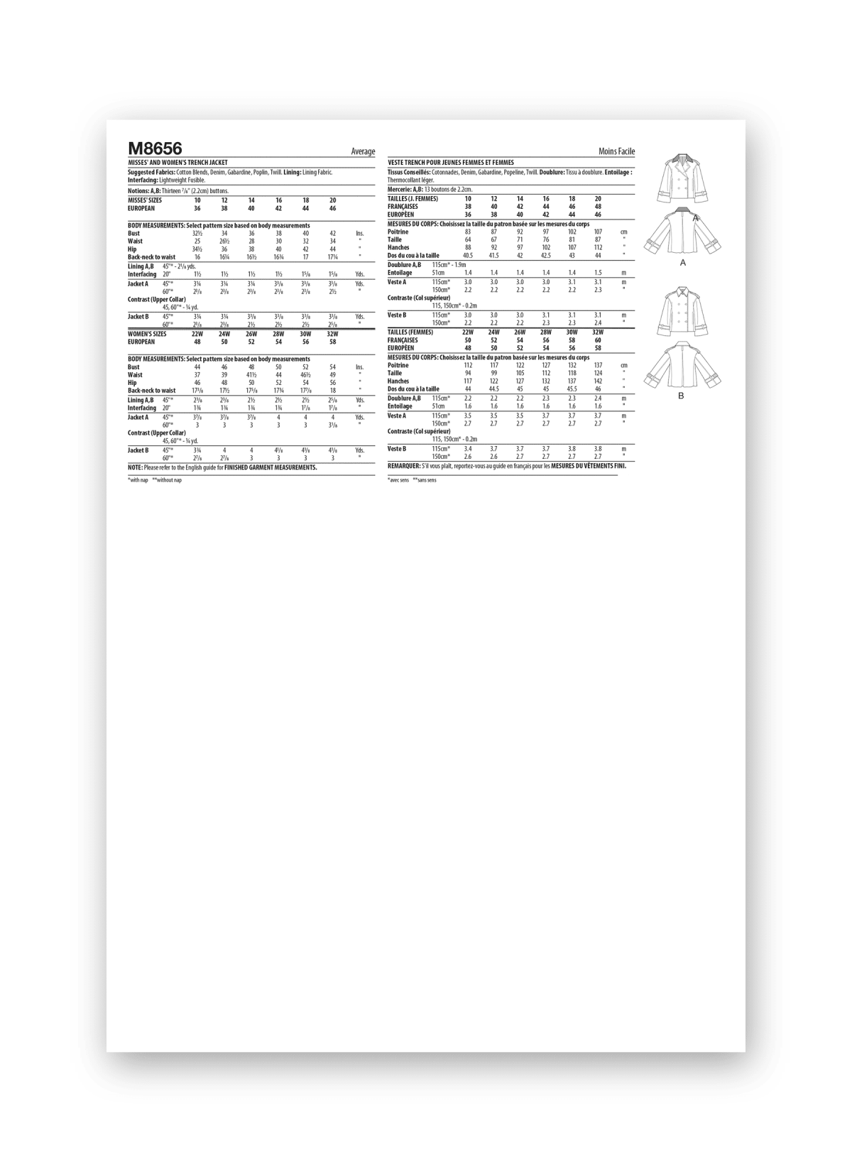 McCall's Sewing Pattern M8656 Misses' and Women's Trench Jacket