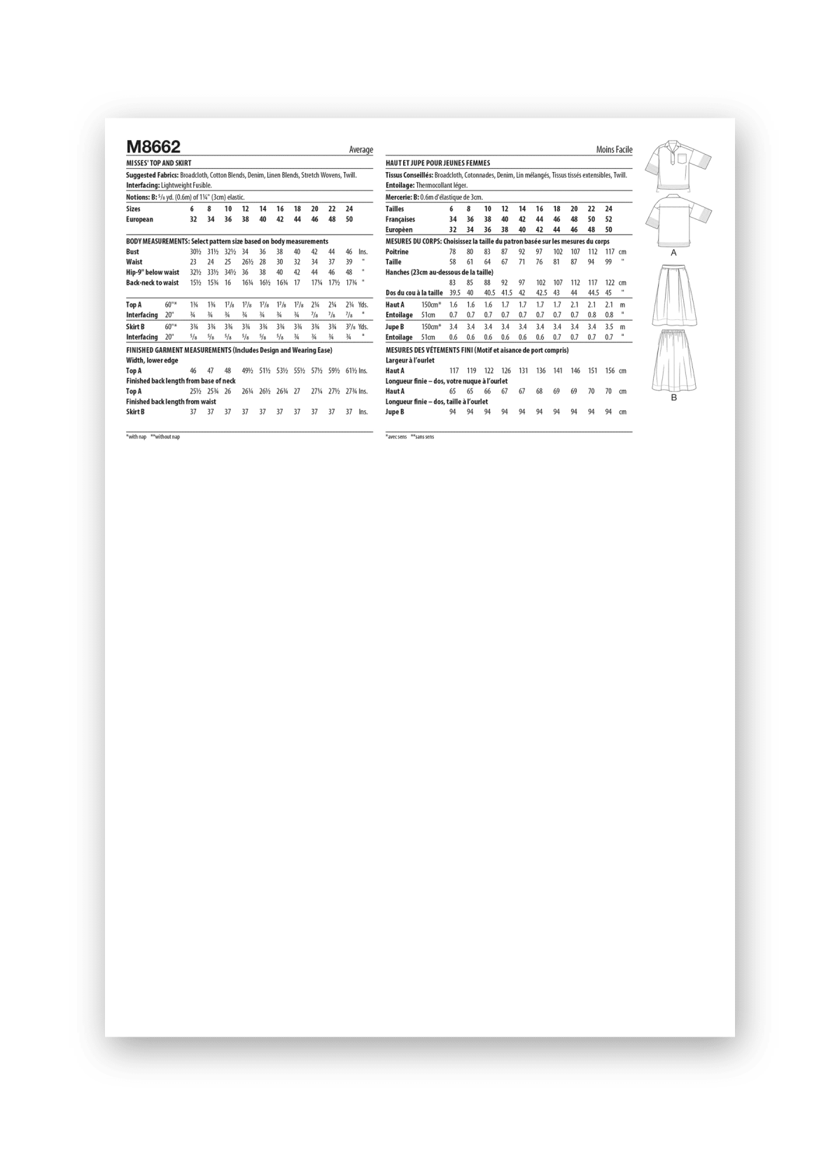 McCall's Sewing Pattern M8662 Misses' Top and Skirt