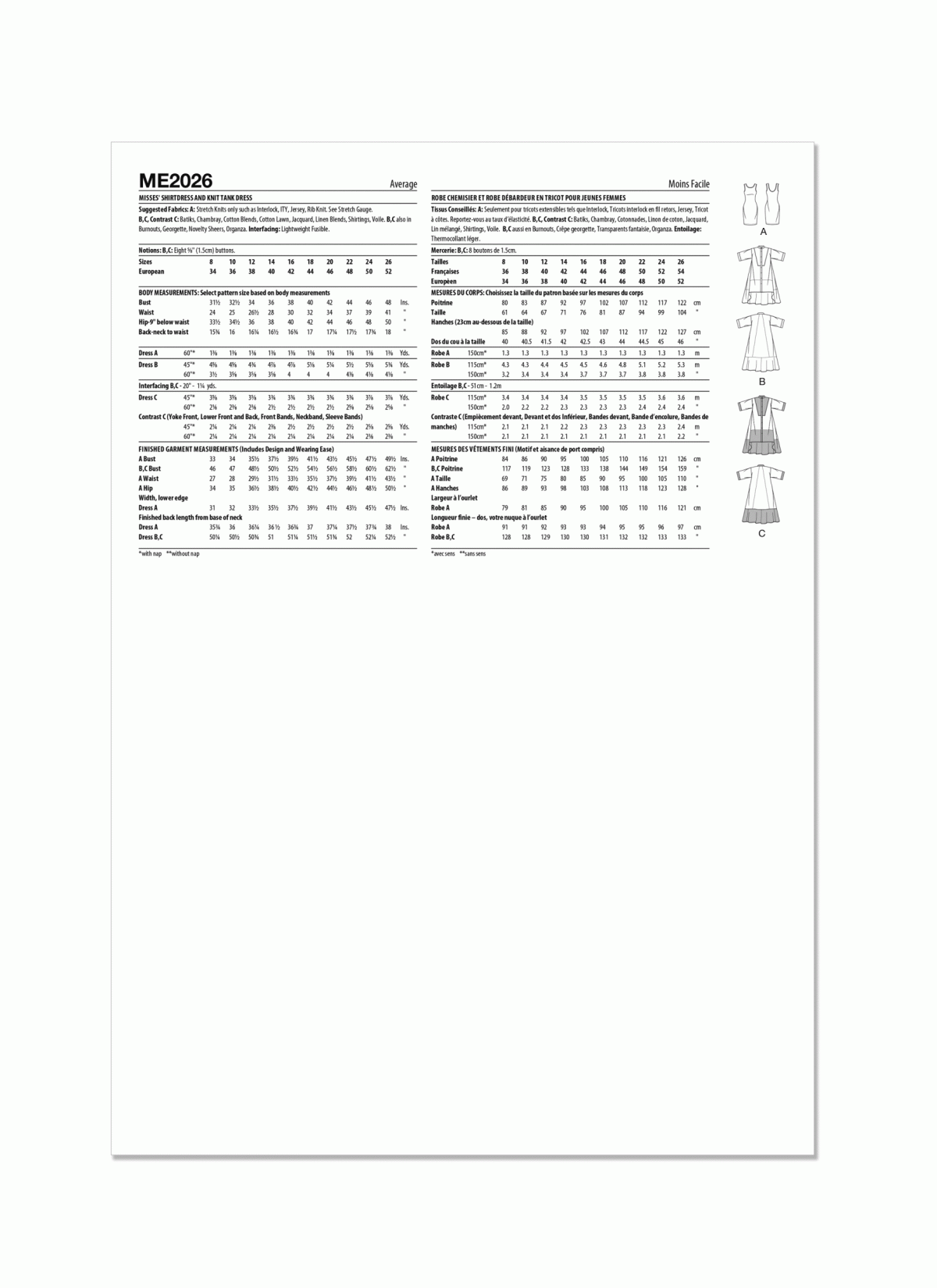 Know Me Sewing Pattern ME2026 Misses' Shirtdress and Knit Tank Dress