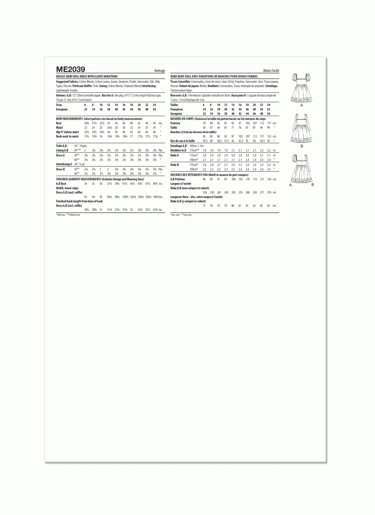 Know Me Sewing Pattern ME2039 Misses' Baby Doll Dress with Sleeve Variations