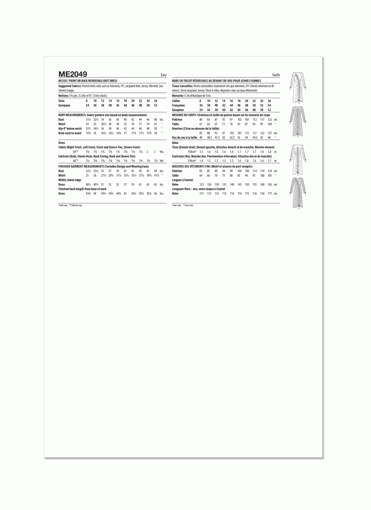 Know Me Sewing Pattern ME2049 Misses' Front or Back Reversible Knit Dress by Lydia Naomi