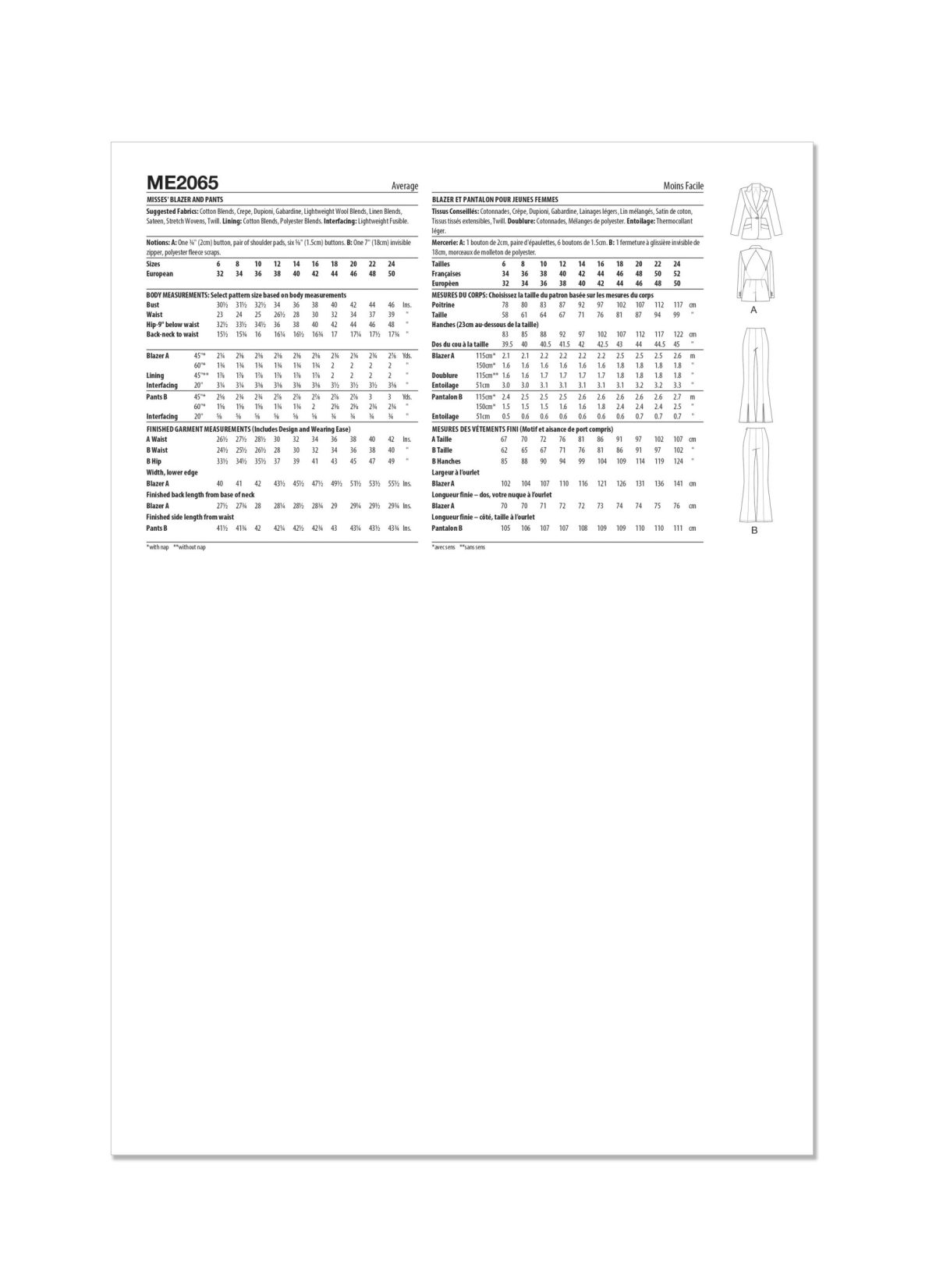 Know Me Sewing Pattern ME2065 Misses' Blazer and Trousers by Erica Bunker