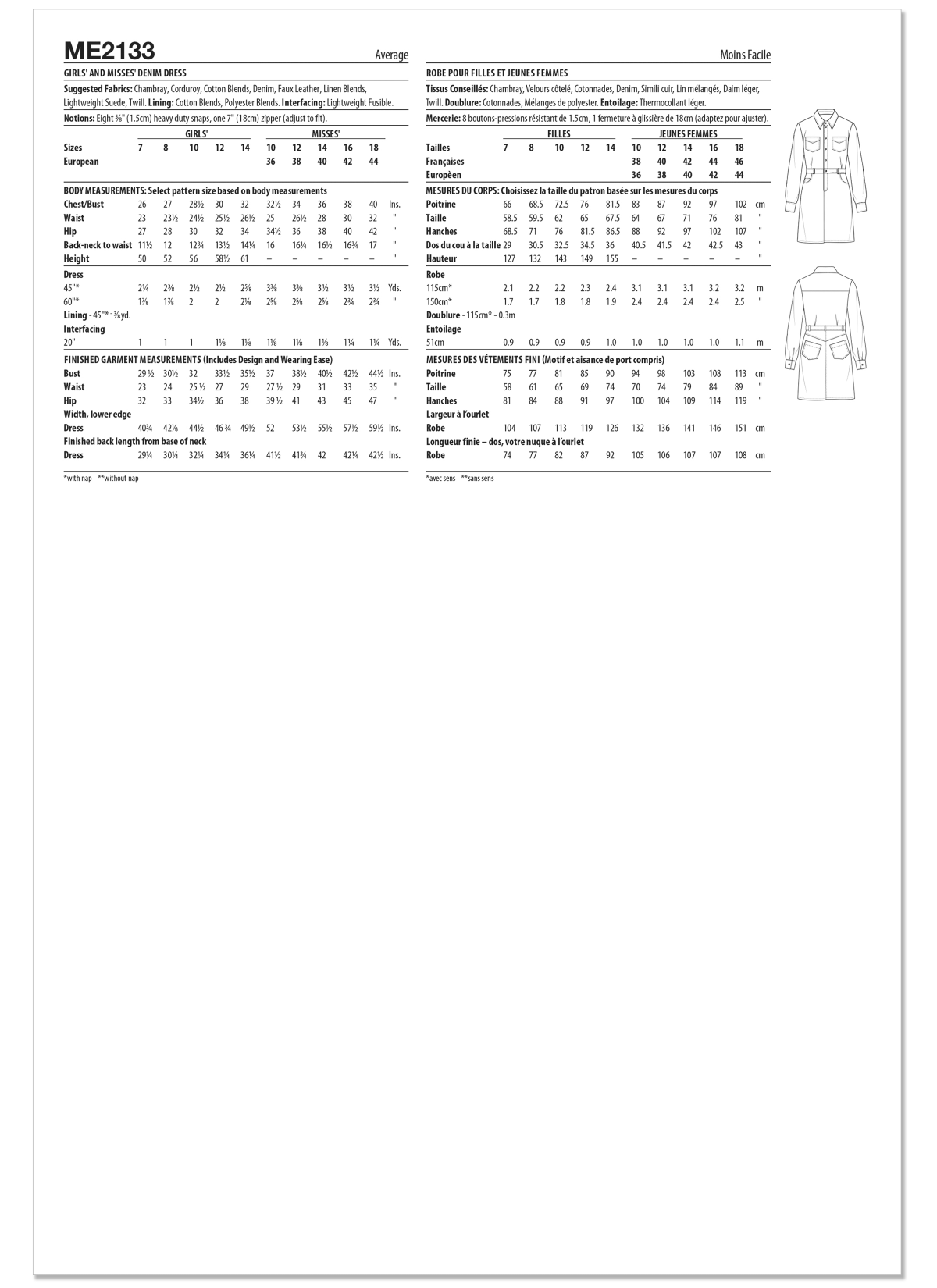 Know Me Sewing Pattern ME2133 Girl's and Misses' Denim Dress by Brittany J. Jones