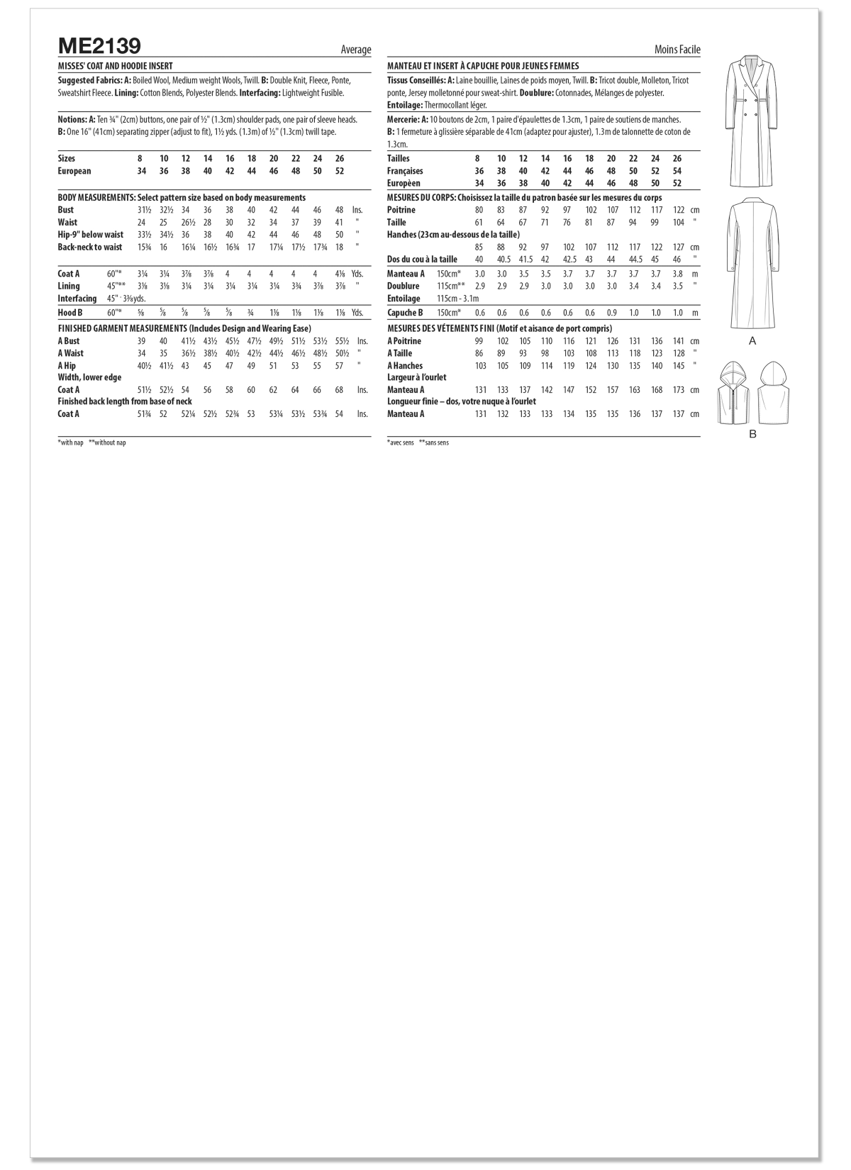 Know Me Sewing Pattern ME2139 Misses' Coat and Hoodie Insert by the Stitch Fitz