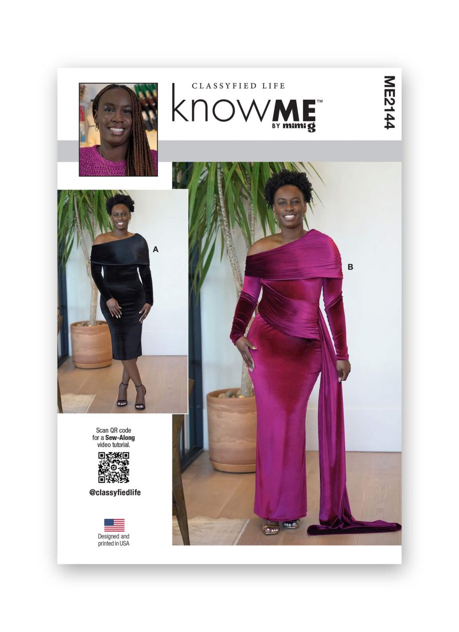Know Me Sewing Pattern ME2144 Misses' Off The Shoulder Knit Dress and Gown with Draped Sash by Classyfied Life