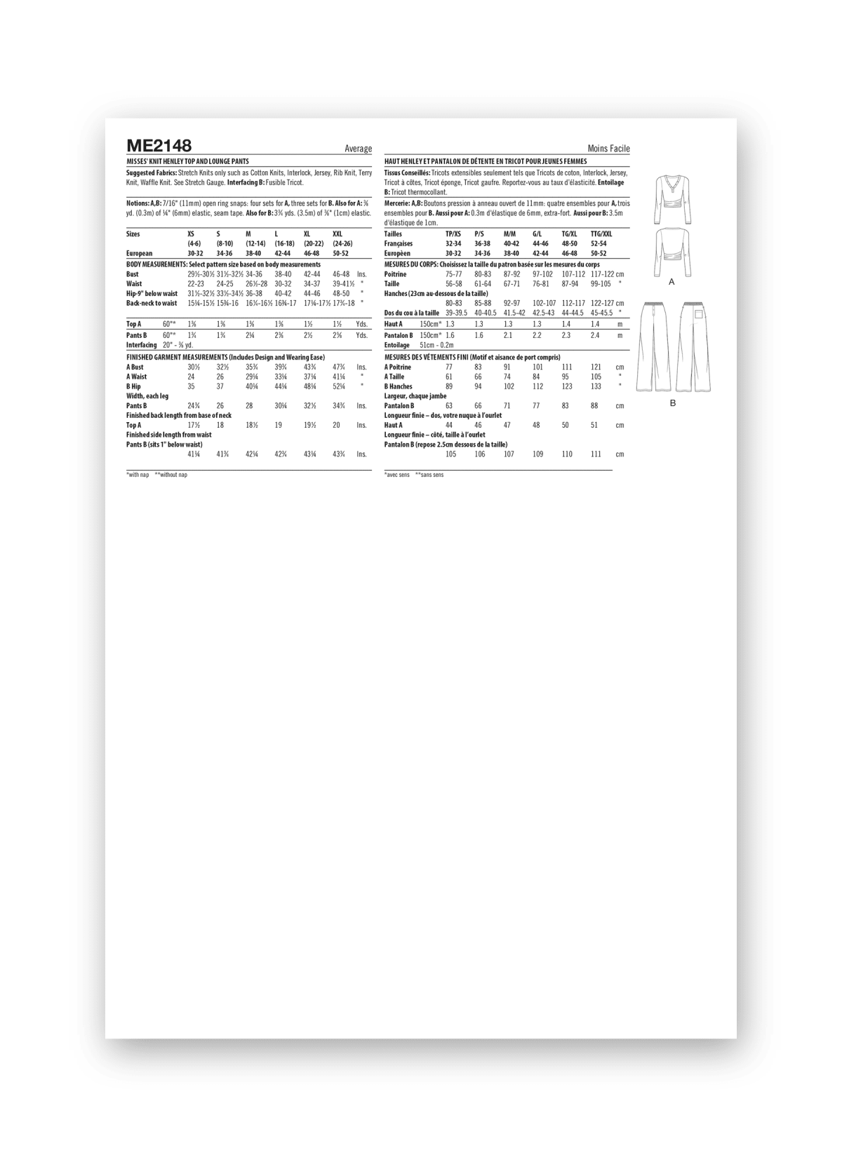 Know Me Sewing Pattern ME2148 Misses' Knit Henley Top and Lounge Trousers by the Stitch Fitz