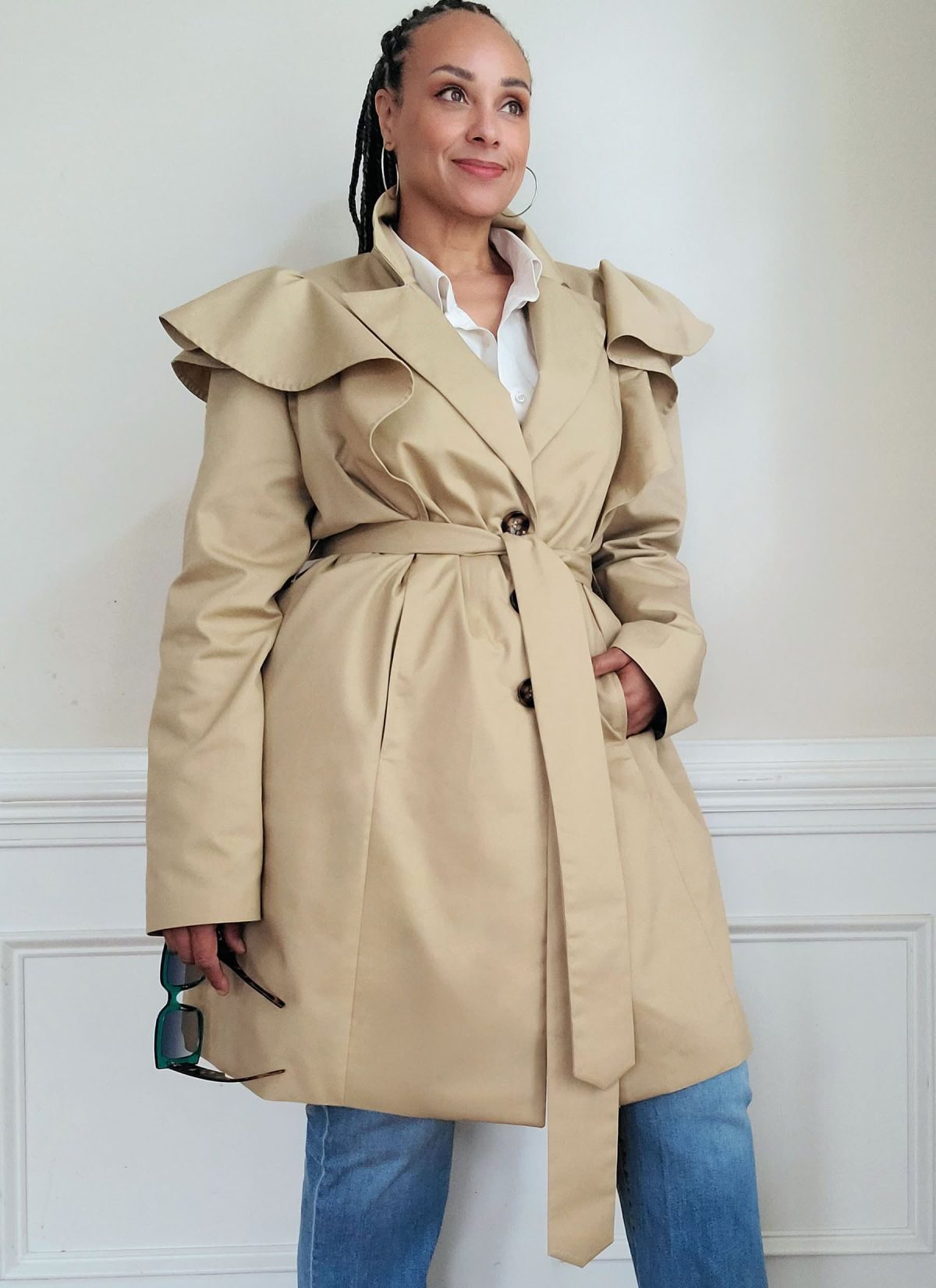Know Me Sewing Pattern ME2151 Misses' Single Breasted Trench Coat with Shoulder Flounce and Belt by Keechii B Style