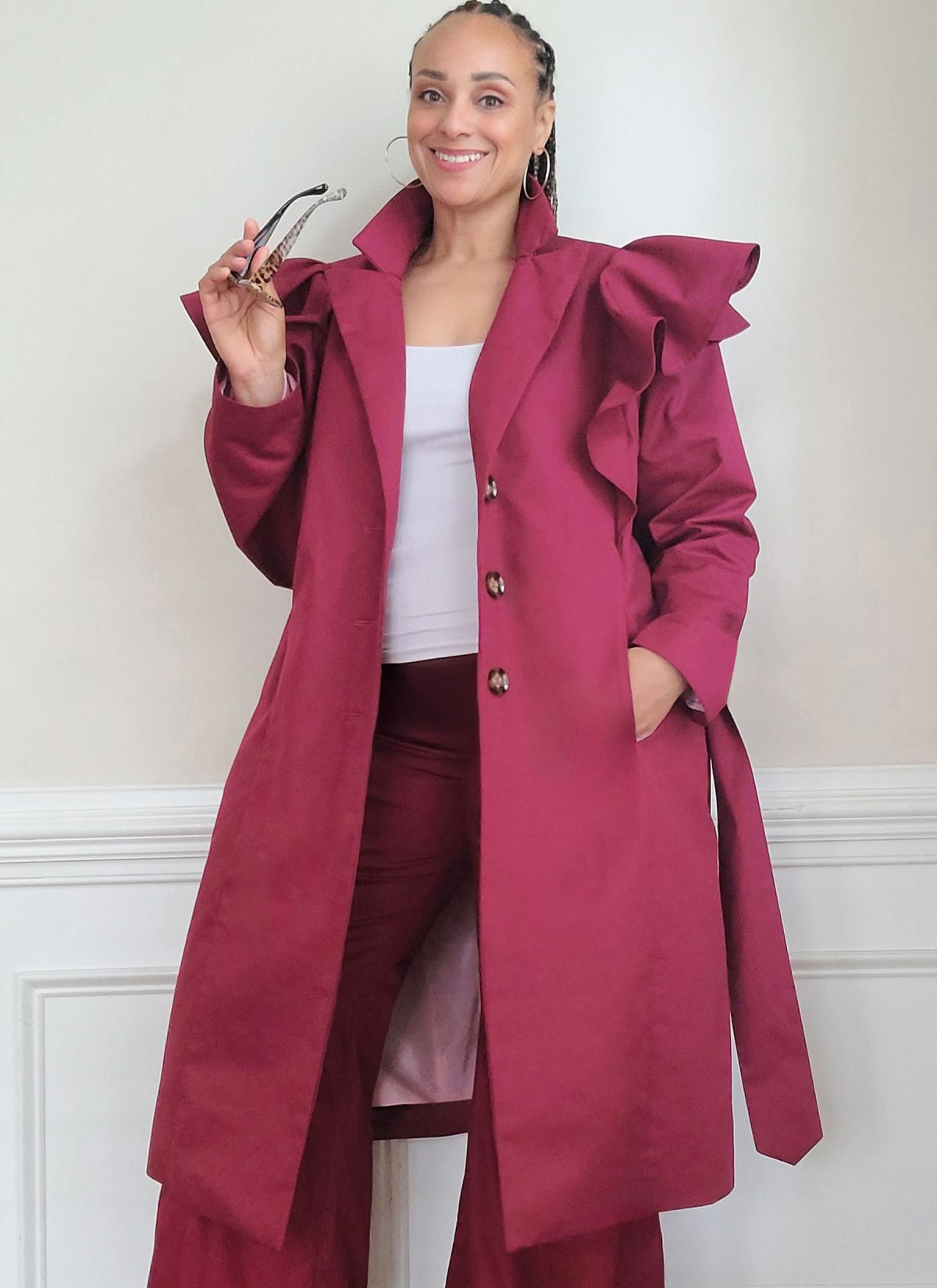 Know Me Sewing Pattern ME2151 Misses' Single Breasted Trench Coat with Shoulder Flounce and Belt by Keechii B Style