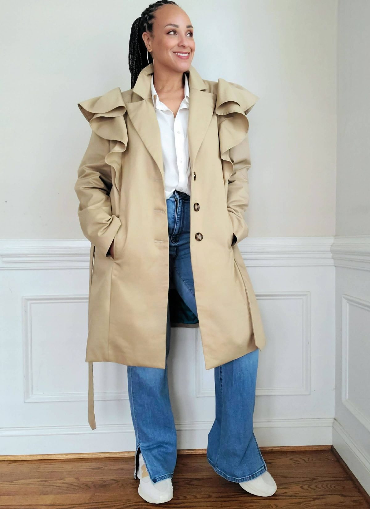 Know Me Sewing Pattern ME2151 Misses' Single Breasted Trench Coat with Shoulder Flounce and Belt by Keechii B Style
