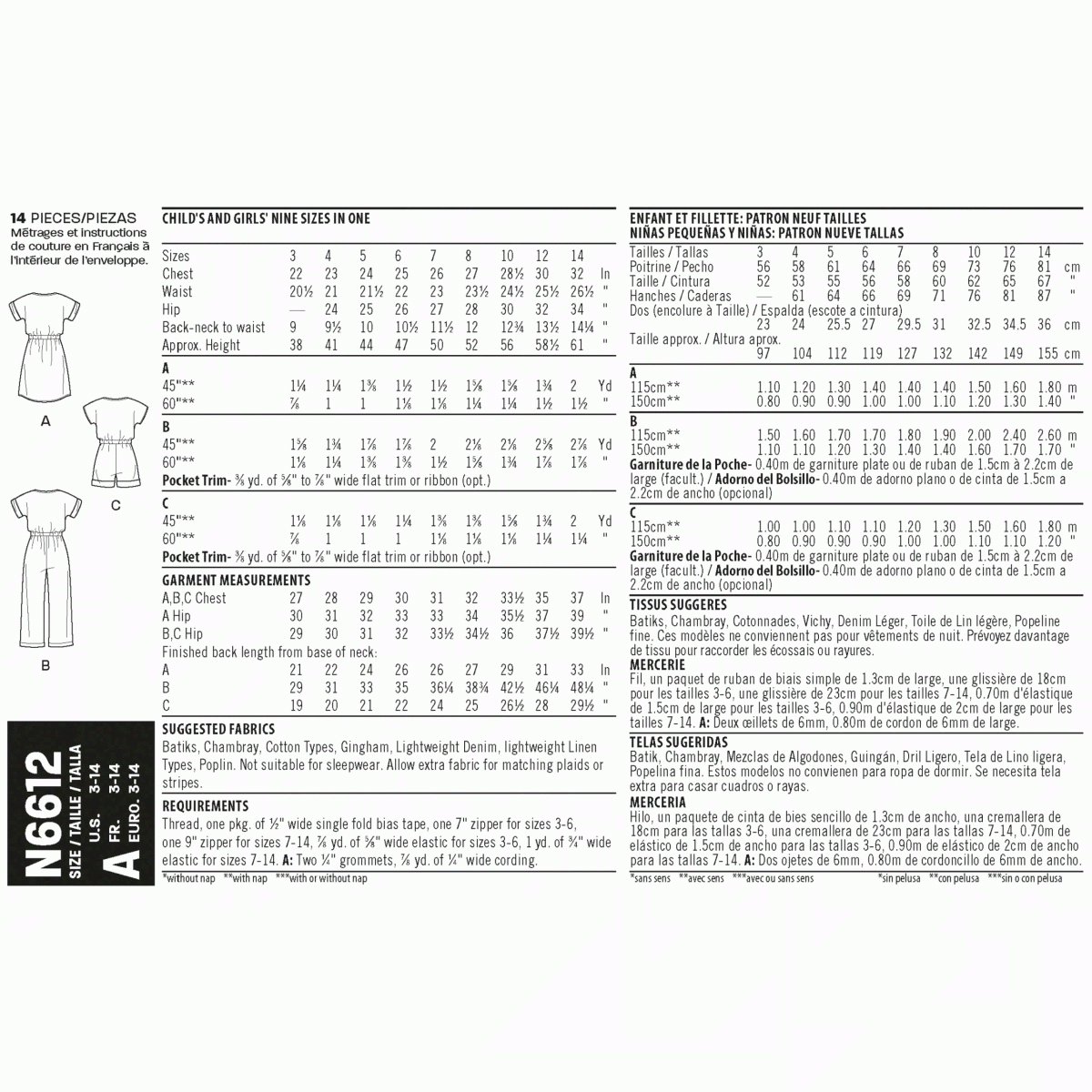 New Look Pattern N6612 Children's, Girls' Jumpsuit, Romper and Dress
