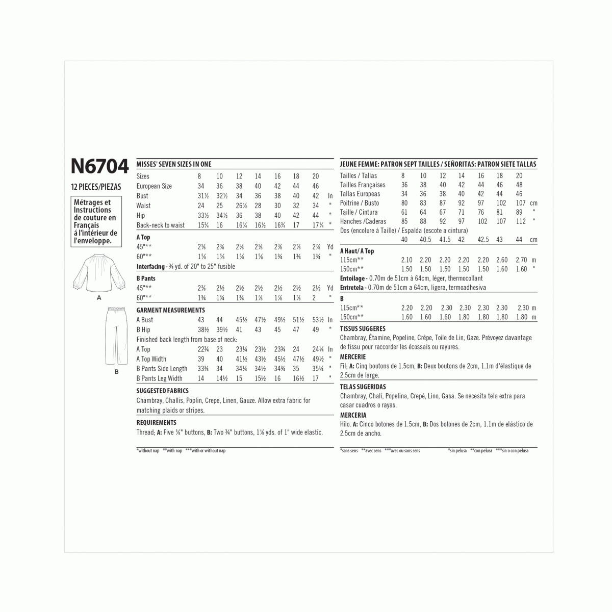 New Look Sewing Pattern N6704 Misses' Top and Pull-On Trousers