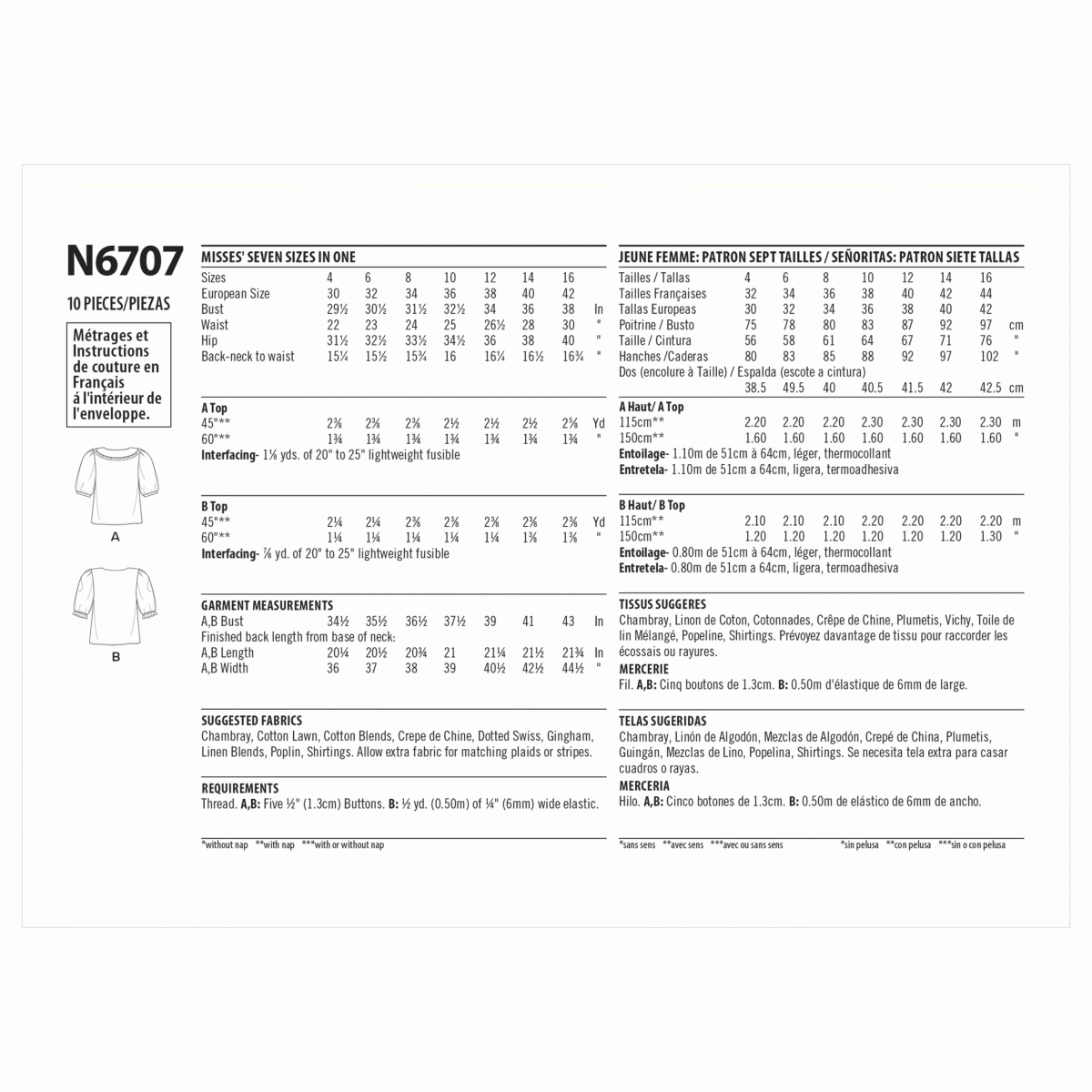 New Look Sewing Pattern N6707 Misses' Tops